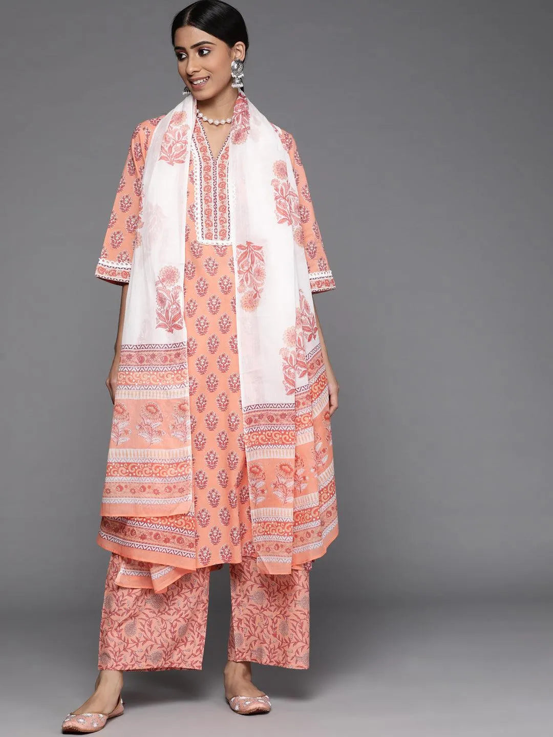 Peach Printed Cotton Suit Set - Libas 