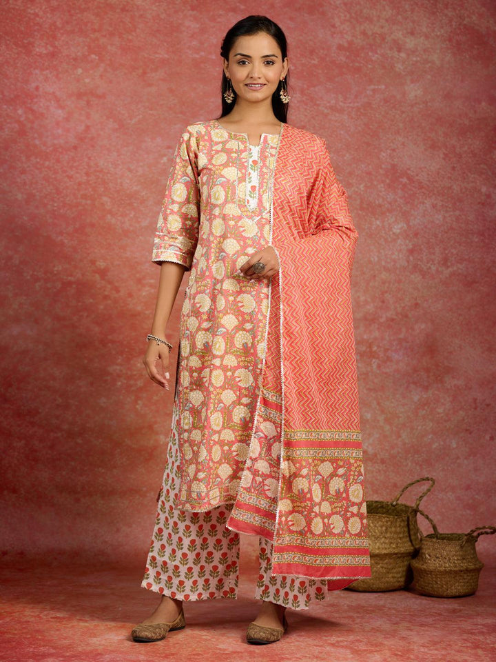 Peach Printed Cotton Straight Kurta With Palazzos & Dupatta - Libas