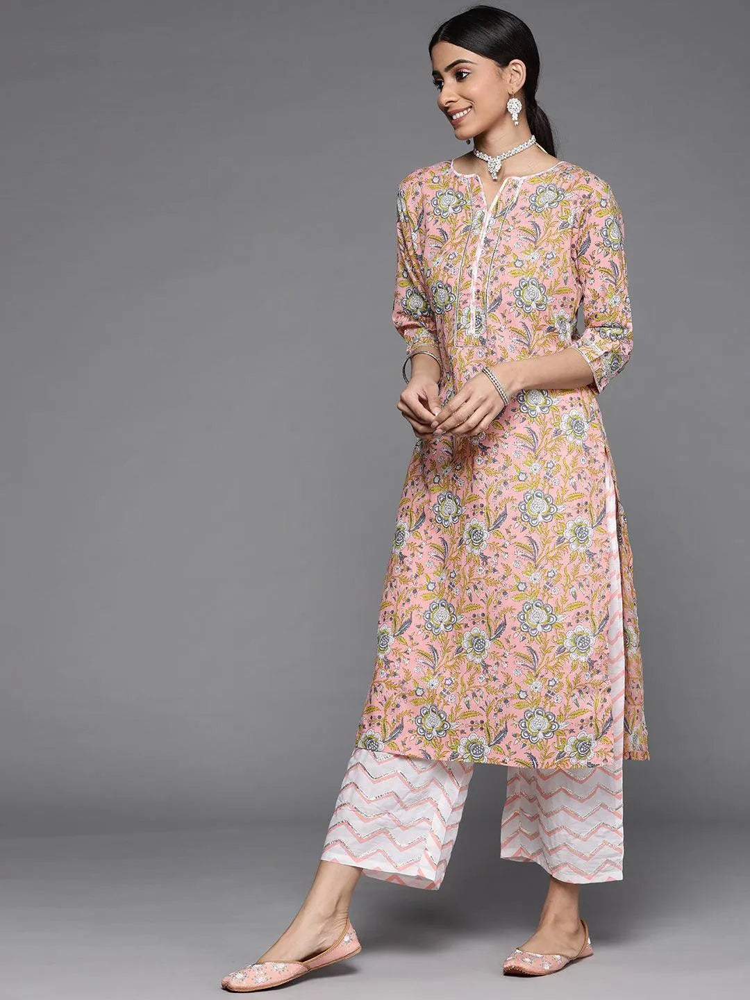 Peach Printed Cotton Suit Set - Libas 