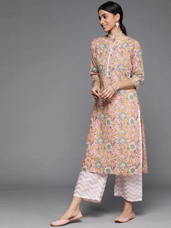 Peach Printed Cotton Suit Set - Libas