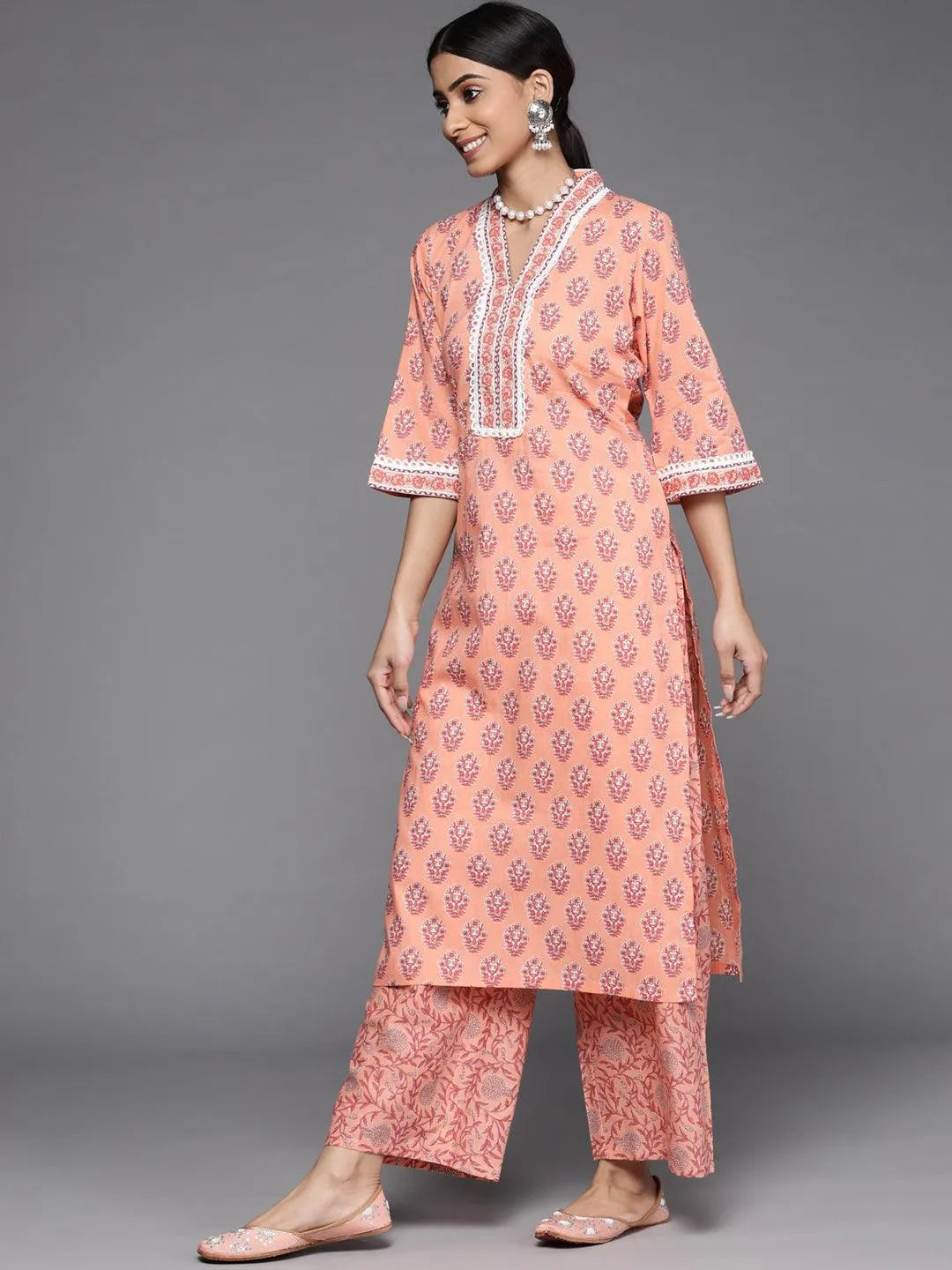 Peach Printed Cotton Suit Set - Libas 