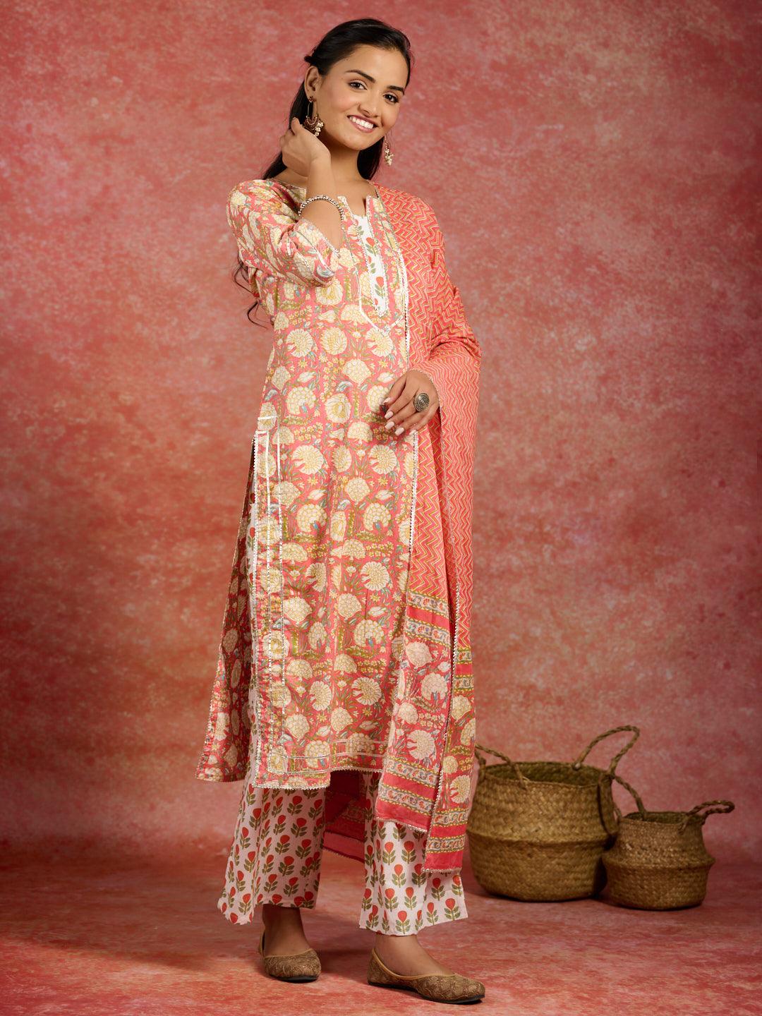 Peach Printed Cotton Straight Kurta With Palazzos & Dupatta - Libas 