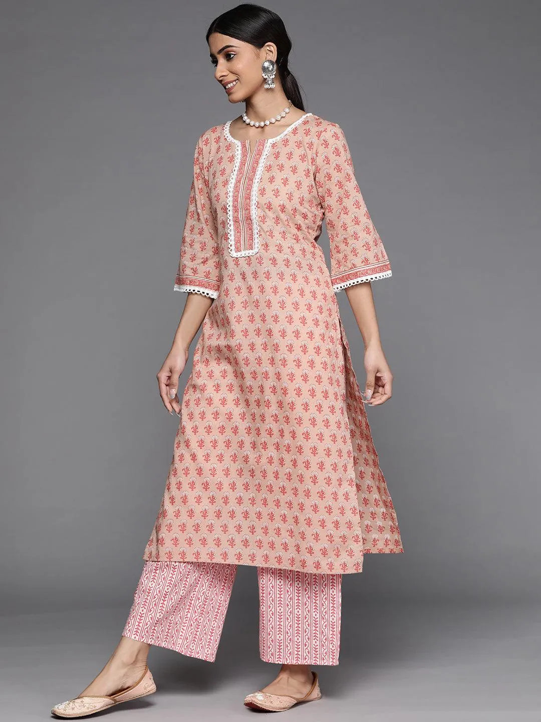 Peach Printed Cotton Suit Set - Libas