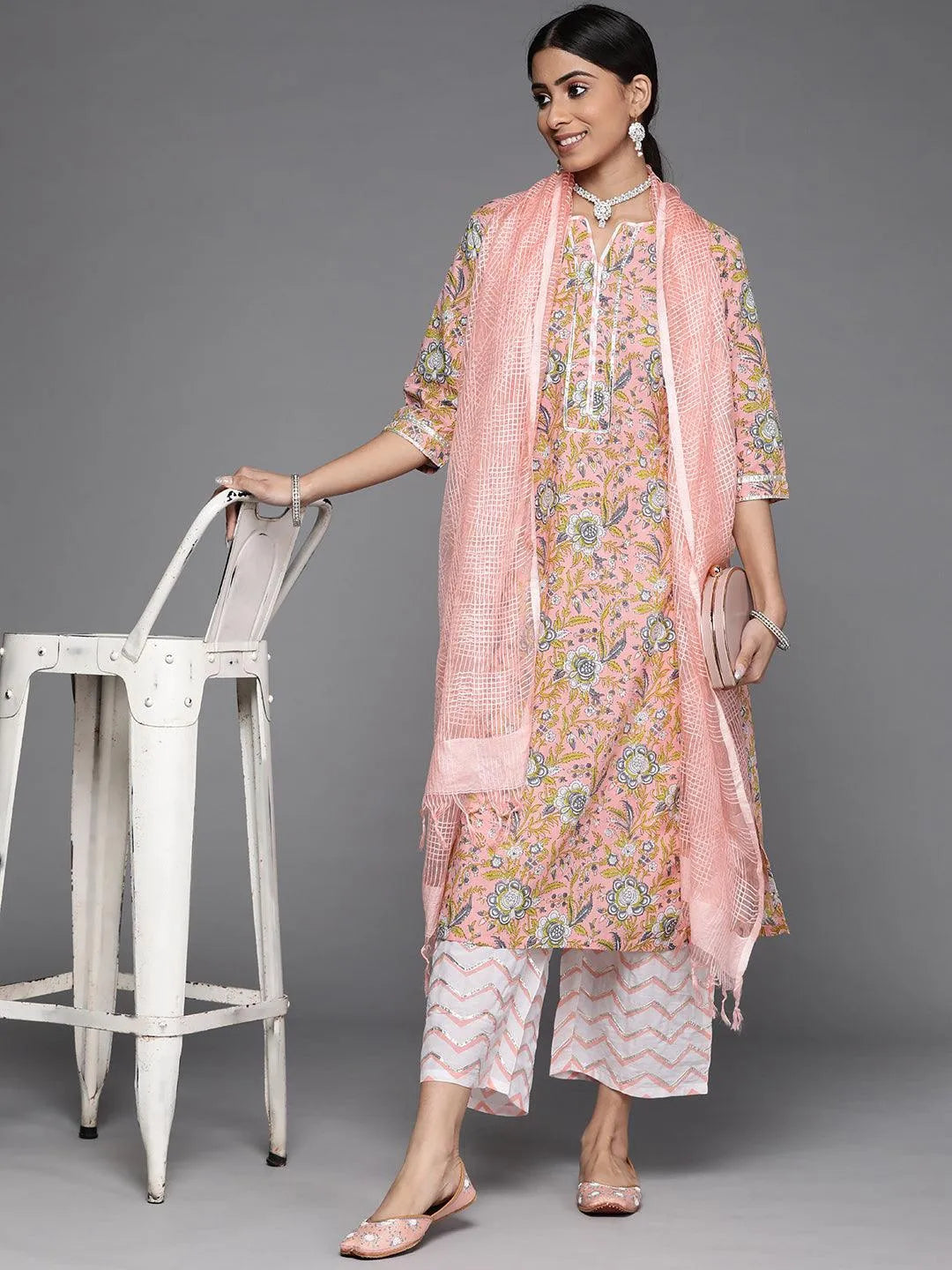 Peach Printed Cotton Suit Set - Libas 