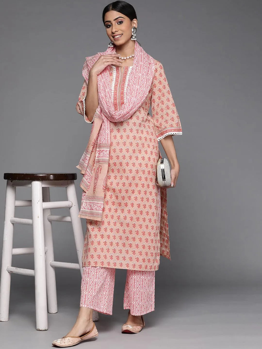 Peach Printed Cotton Suit Set - Libas 