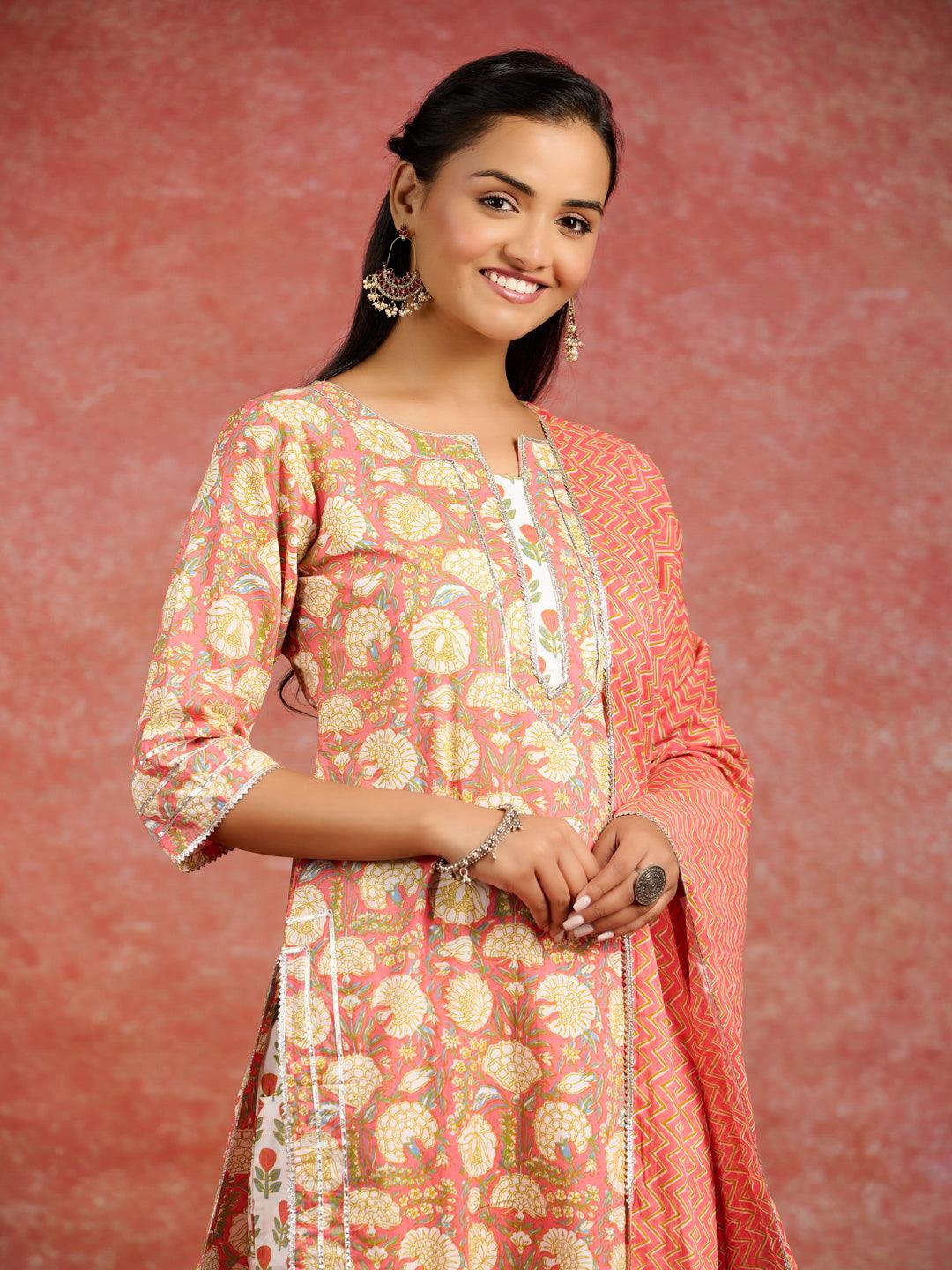 Peach Printed Cotton Straight Kurta With Palazzos & Dupatta - Libas 