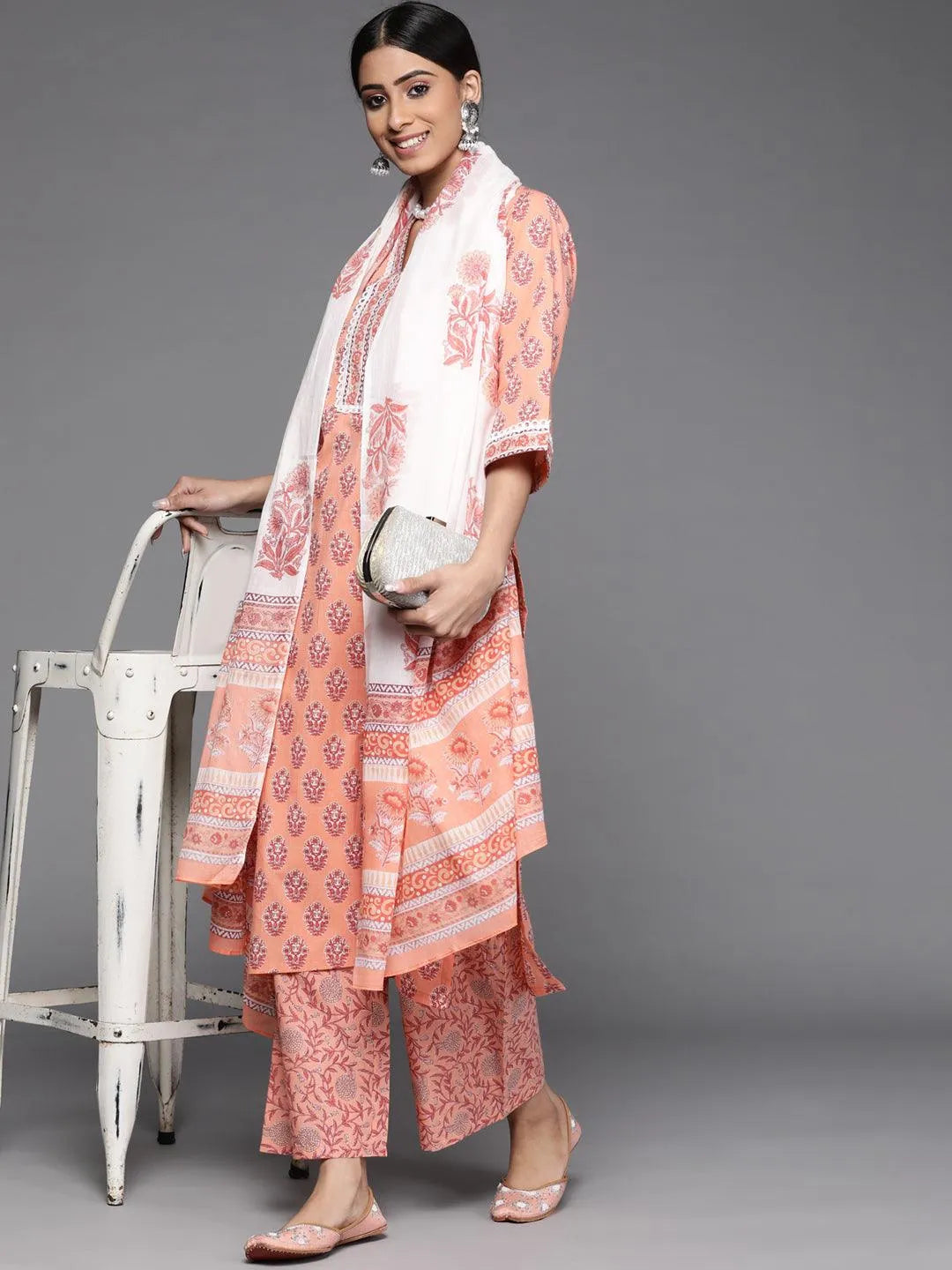 Peach Printed Cotton Suit Set - Libas