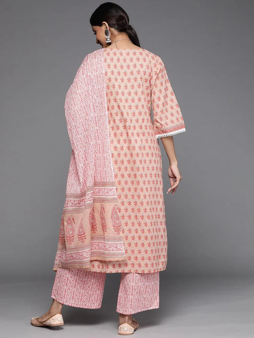 Peach Printed Cotton Suit Set - Libas 