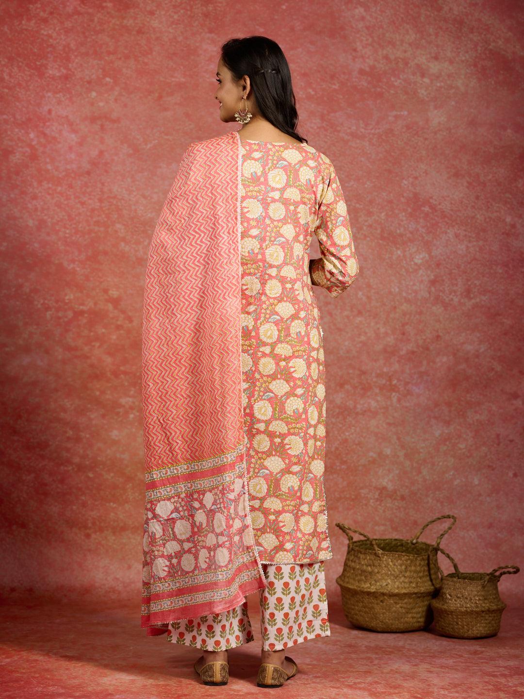 Peach Printed Cotton Straight Kurta With Palazzos & Dupatta - Libas