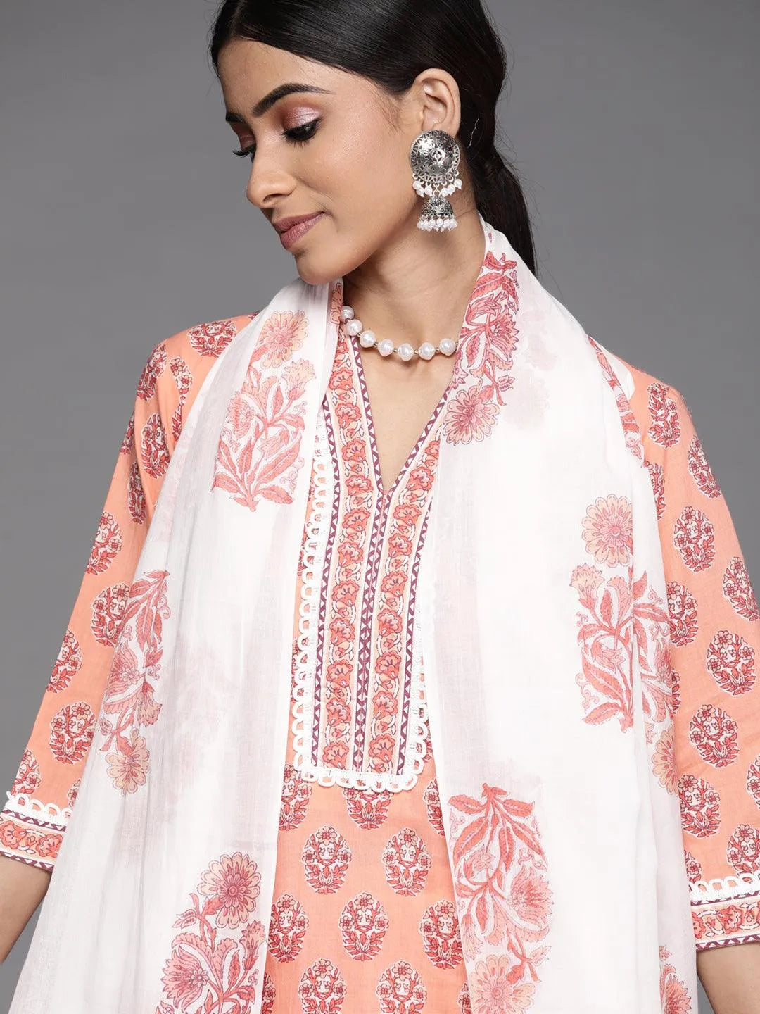 Peach Printed Cotton Suit Set - Libas 