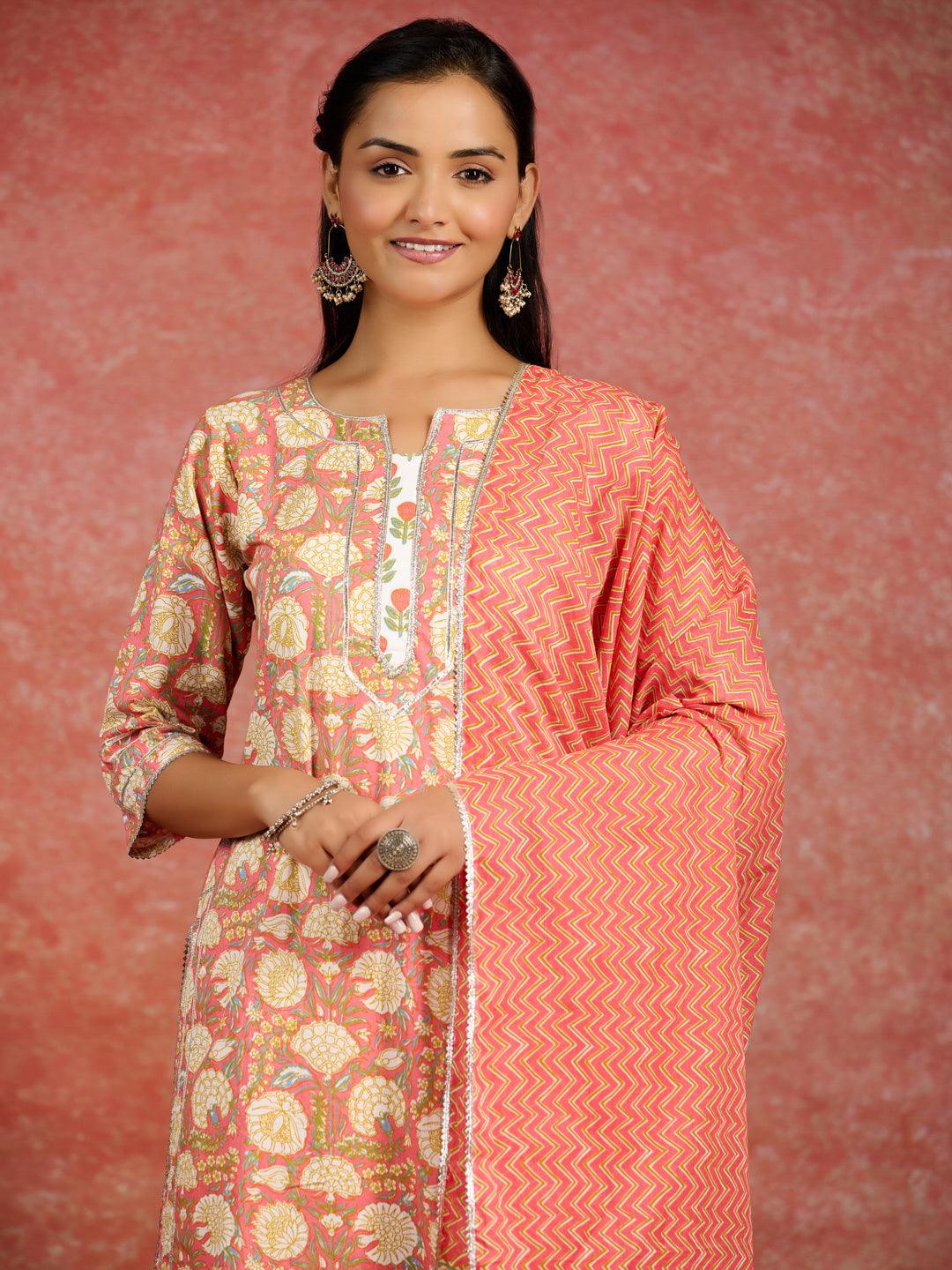 Peach Printed Cotton Straight Kurta With Palazzos & Dupatta - Libas 