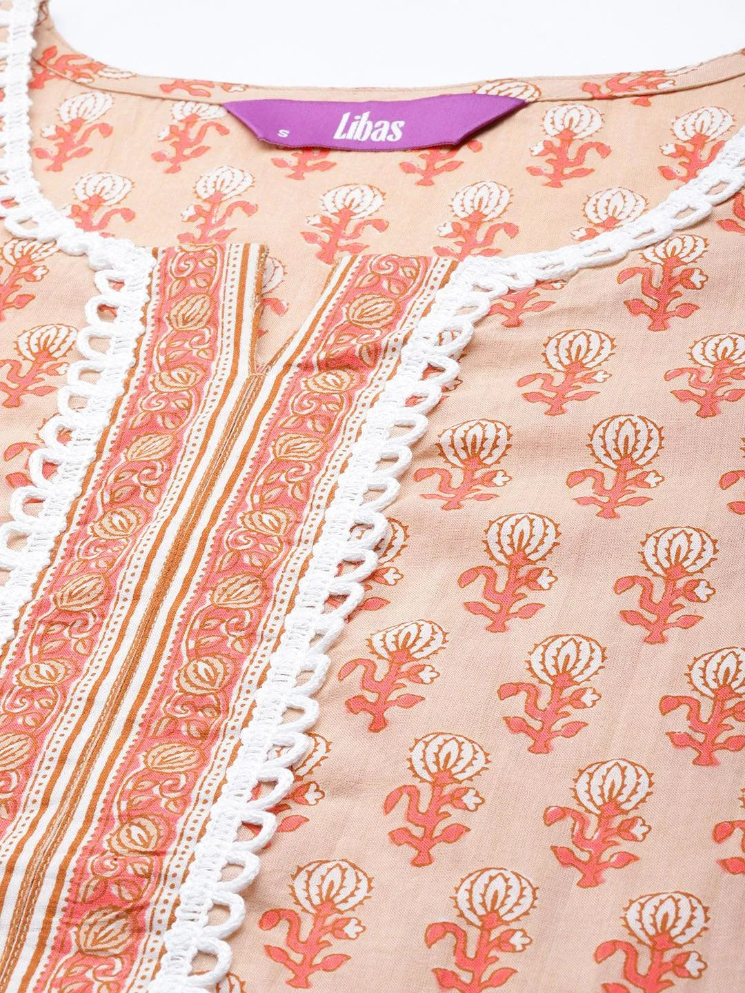 Peach Printed Cotton Suit Set - Libas