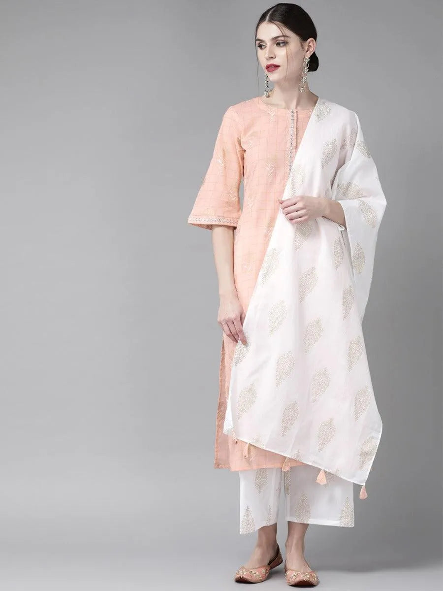 Peach Printed Cotton Suit Set - Libas