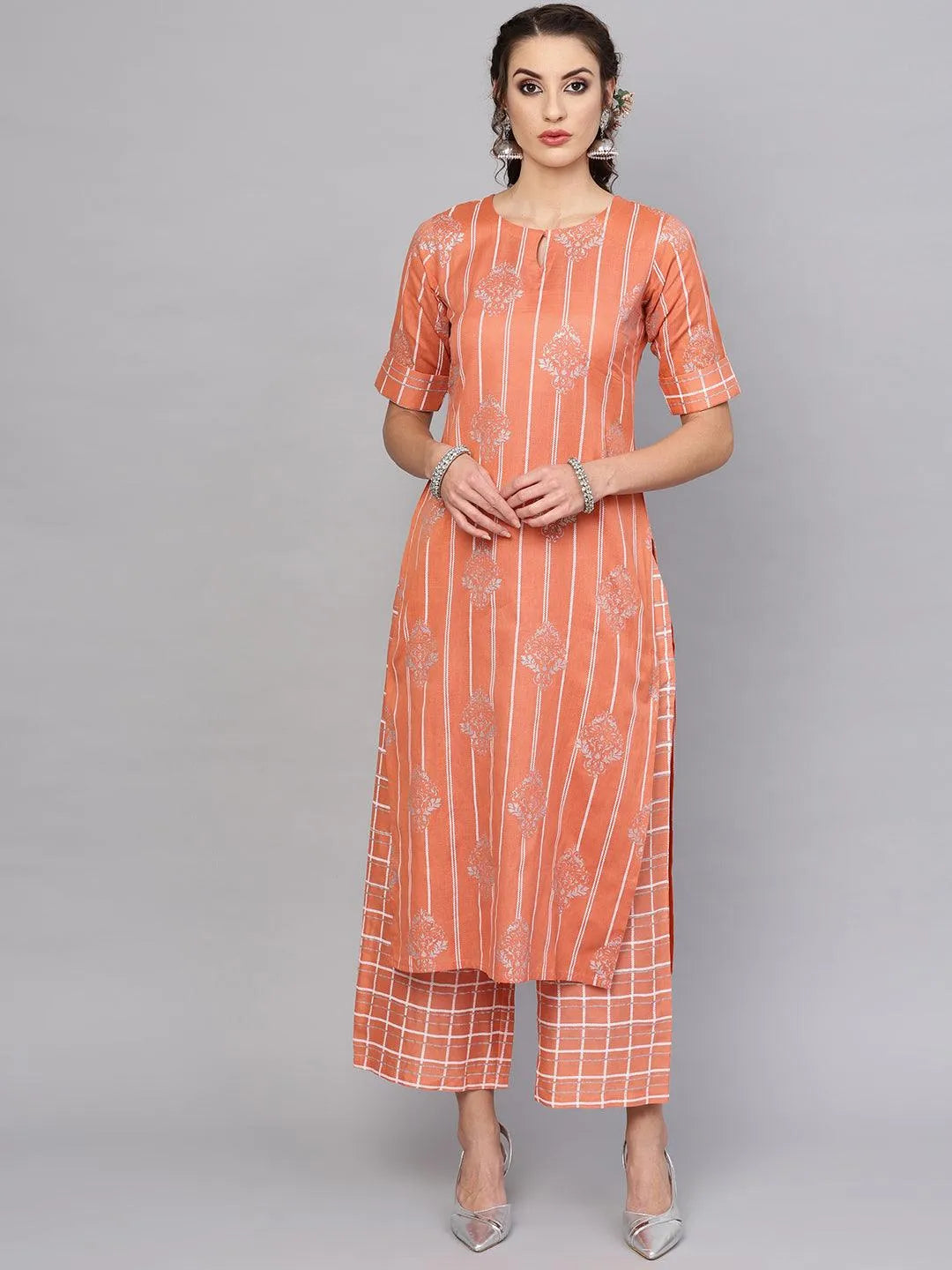 Peach Printed Cotton Kurta Set - Libas