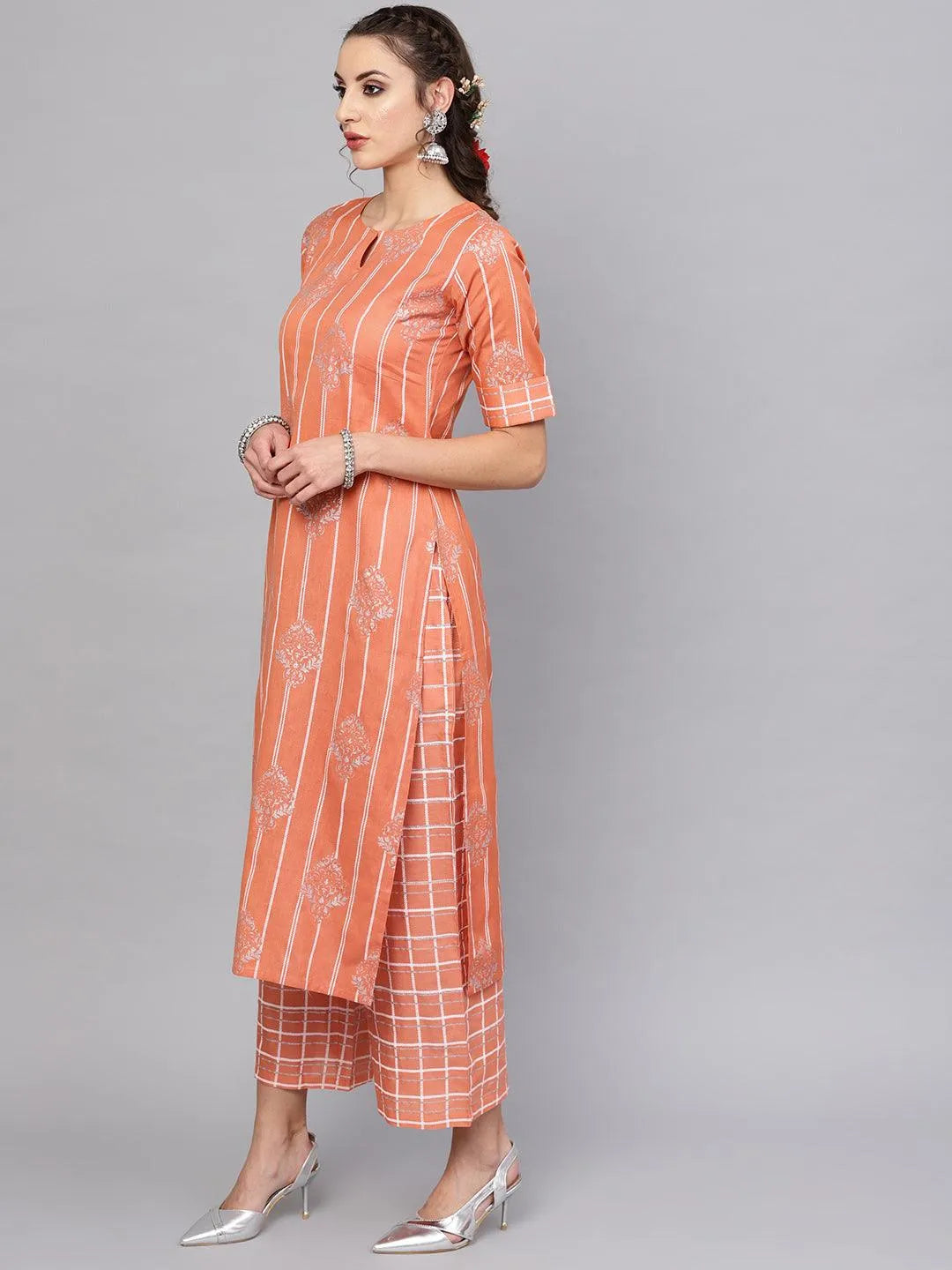 Peach Printed Cotton Kurta Set - Libas