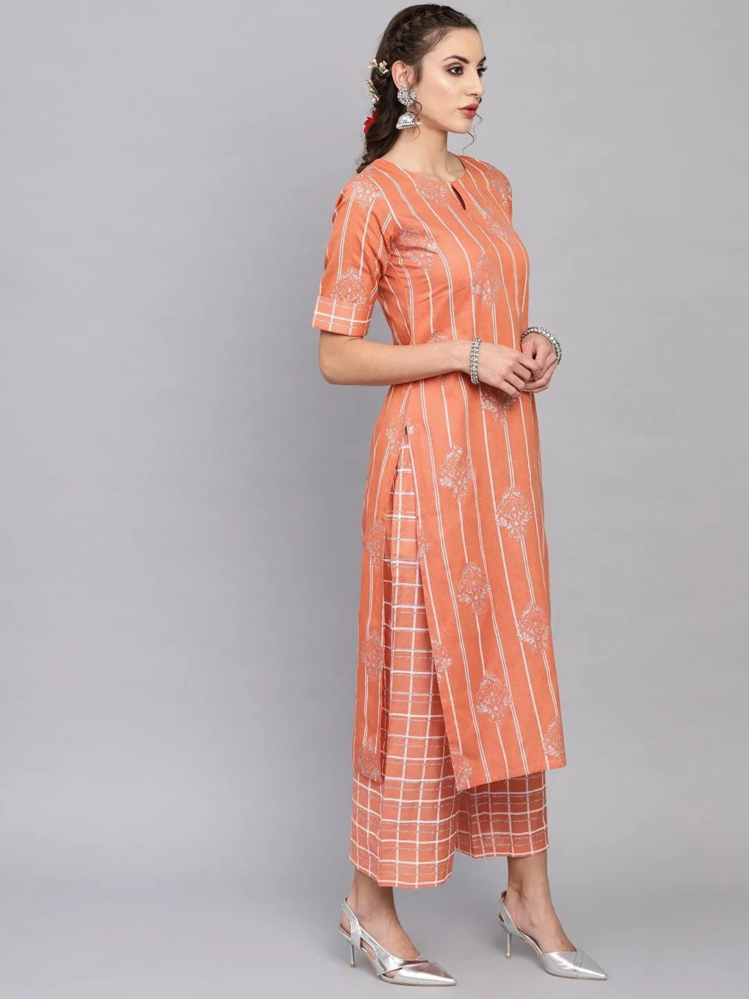 Peach Printed Cotton Kurta Set - Libas