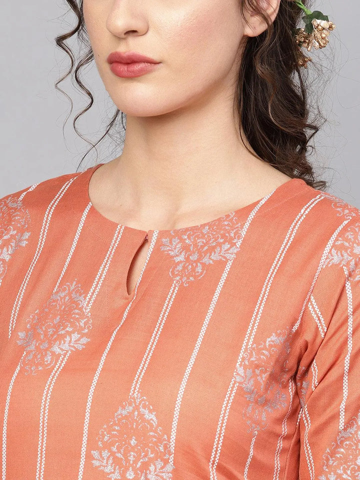 Peach Printed Cotton Kurta Set - Libas