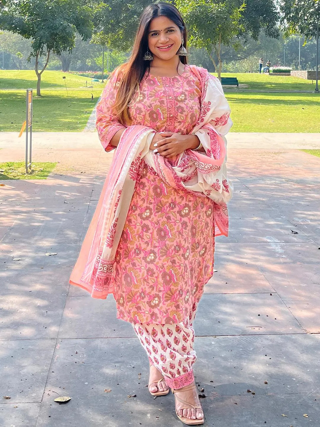 Peach Printed Cotton Suit Set - Libas 