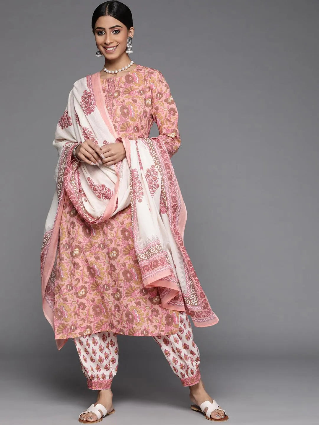 Peach Printed Cotton Suit Set - Libas 