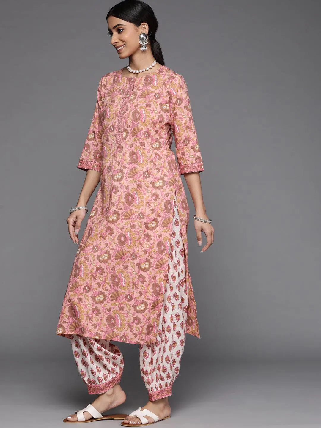 Peach Printed Cotton Suit Set - Libas 