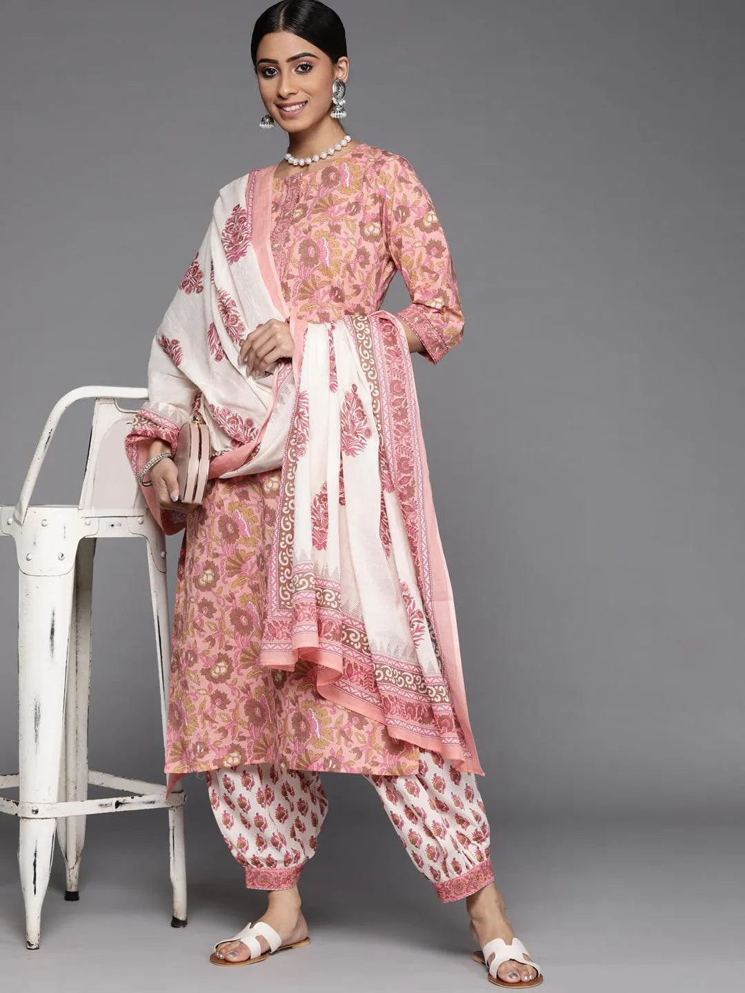 Peach Printed Cotton Suit Set - Libas