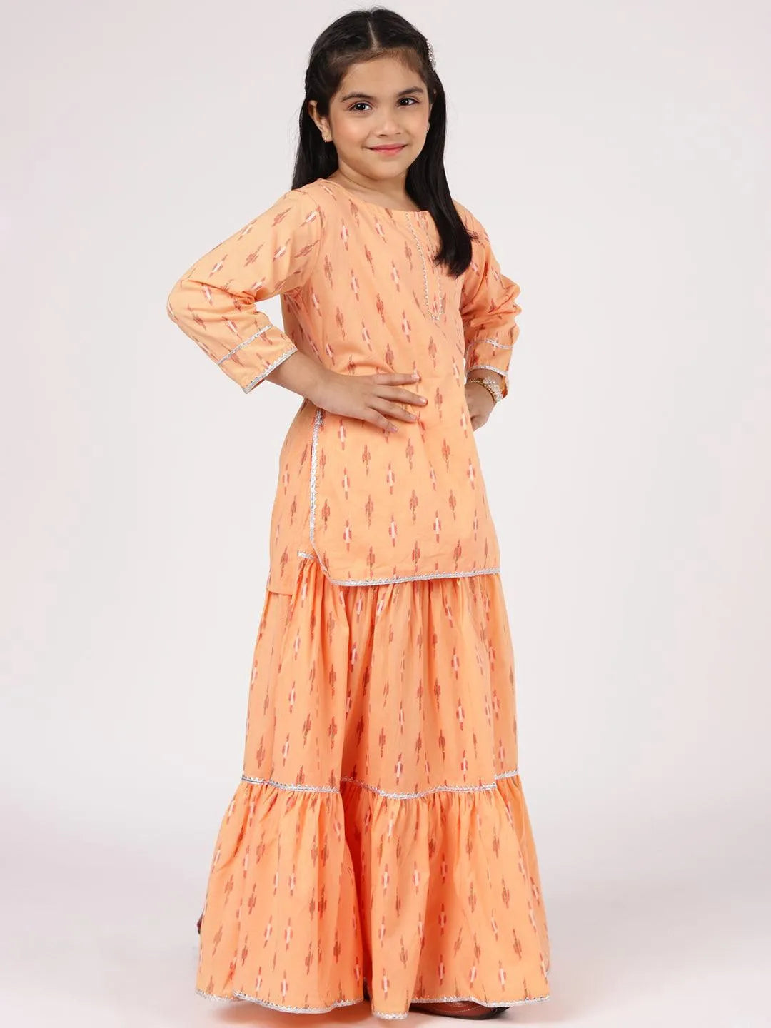 Peach Printed Cotton Straight Suit Set - Libas