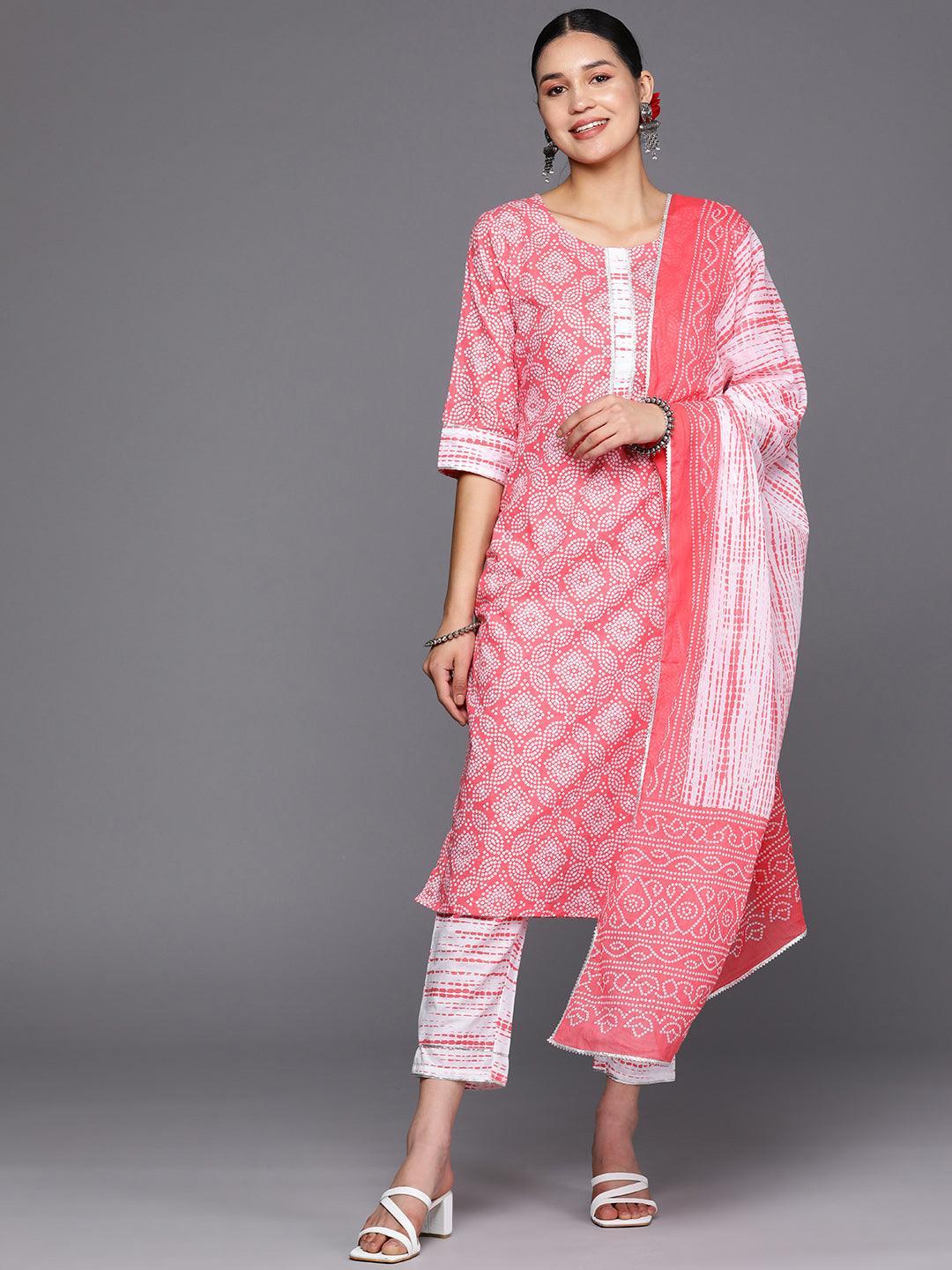 Peach Printed Cotton Straight Suit Set With Trousers - Libas