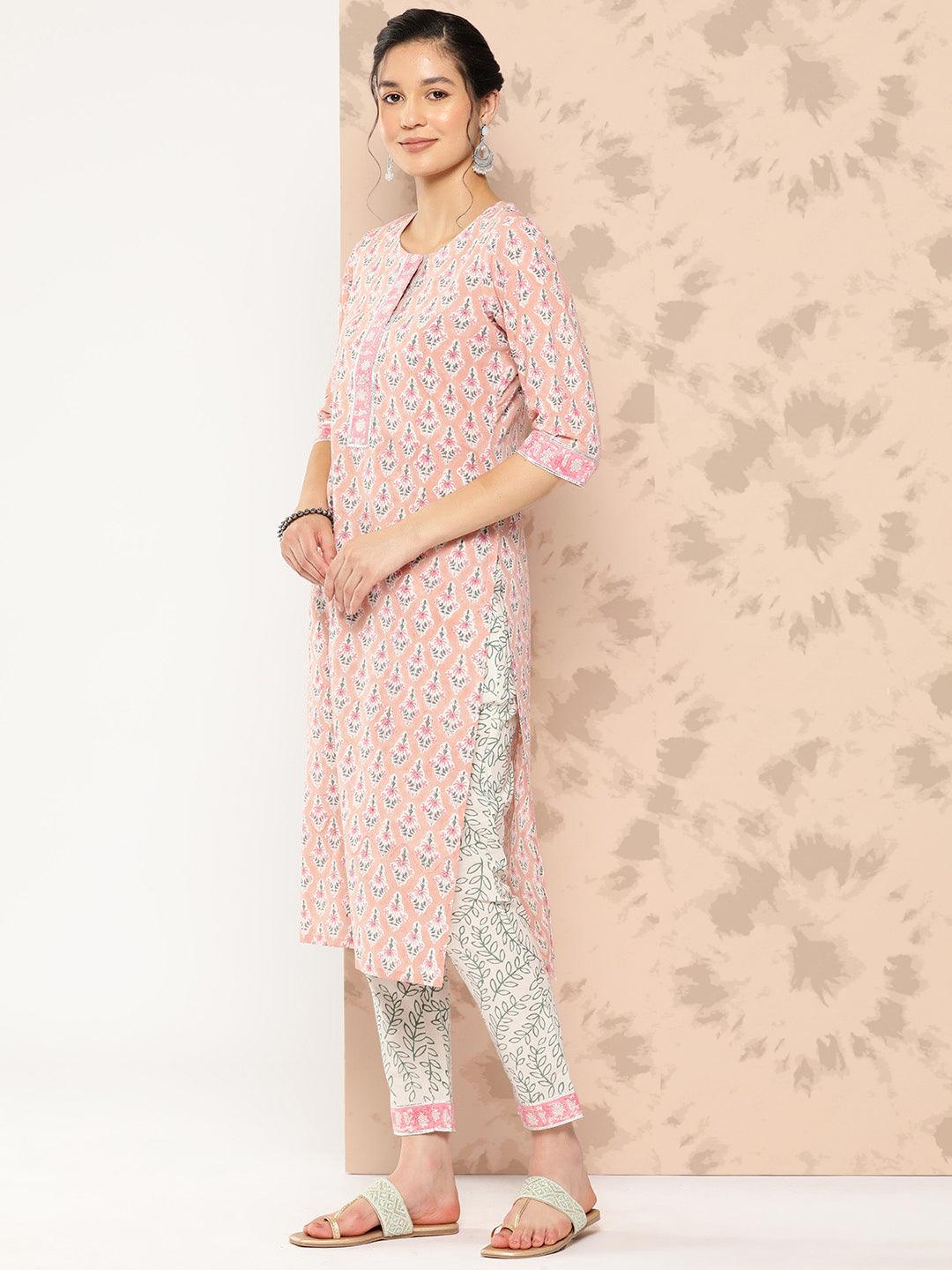 Peach Printed Cotton Straight Kurta With Trousers and Dupatta - Libas