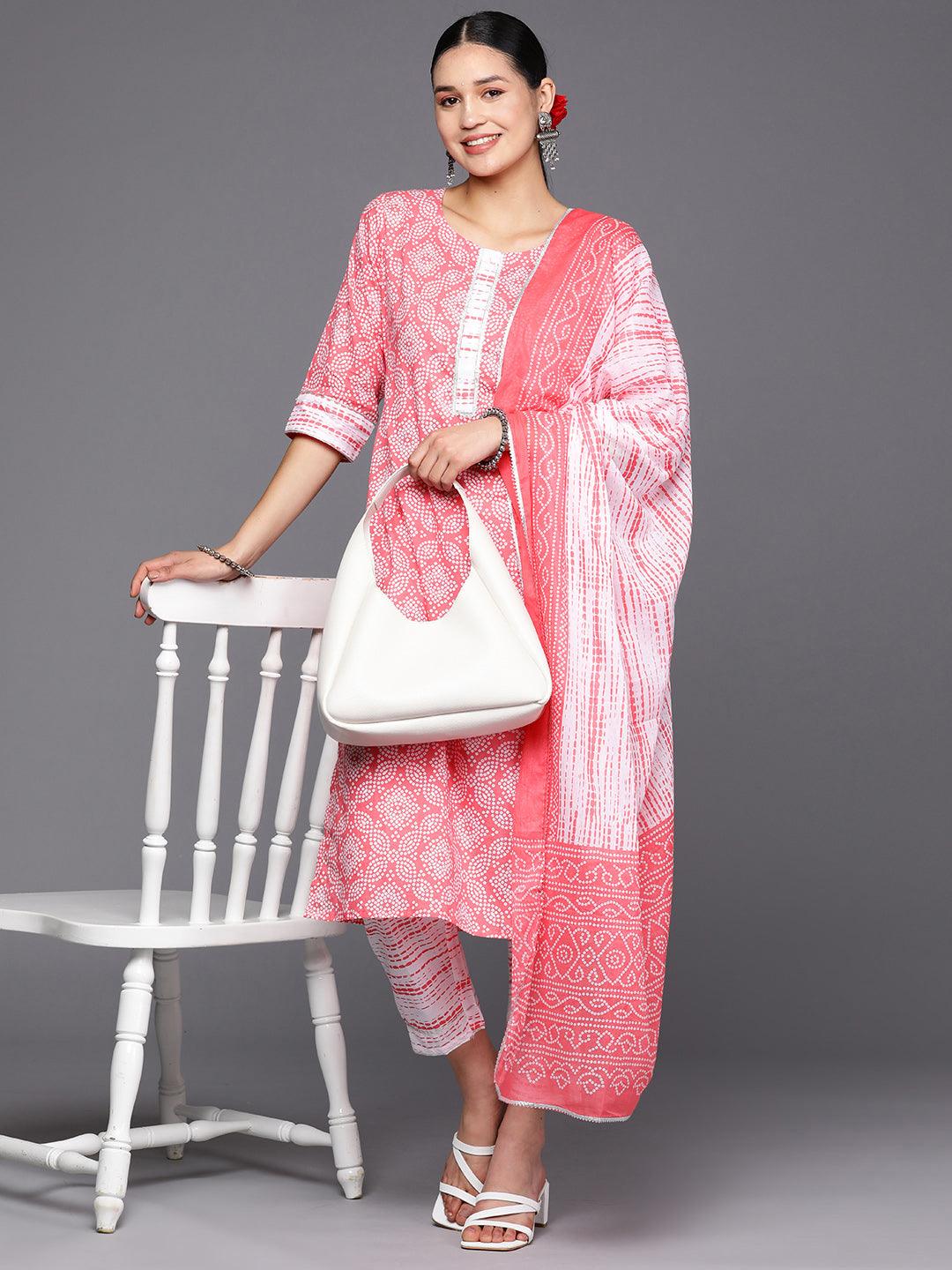 Peach Printed Cotton Straight Suit Set With Trousers - Libas 