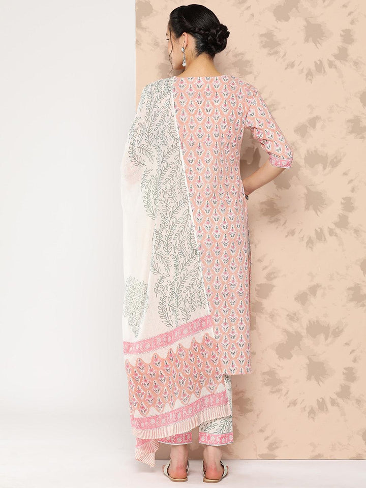 Peach Printed Cotton Straight Kurta With Trousers and Dupatta - Libas