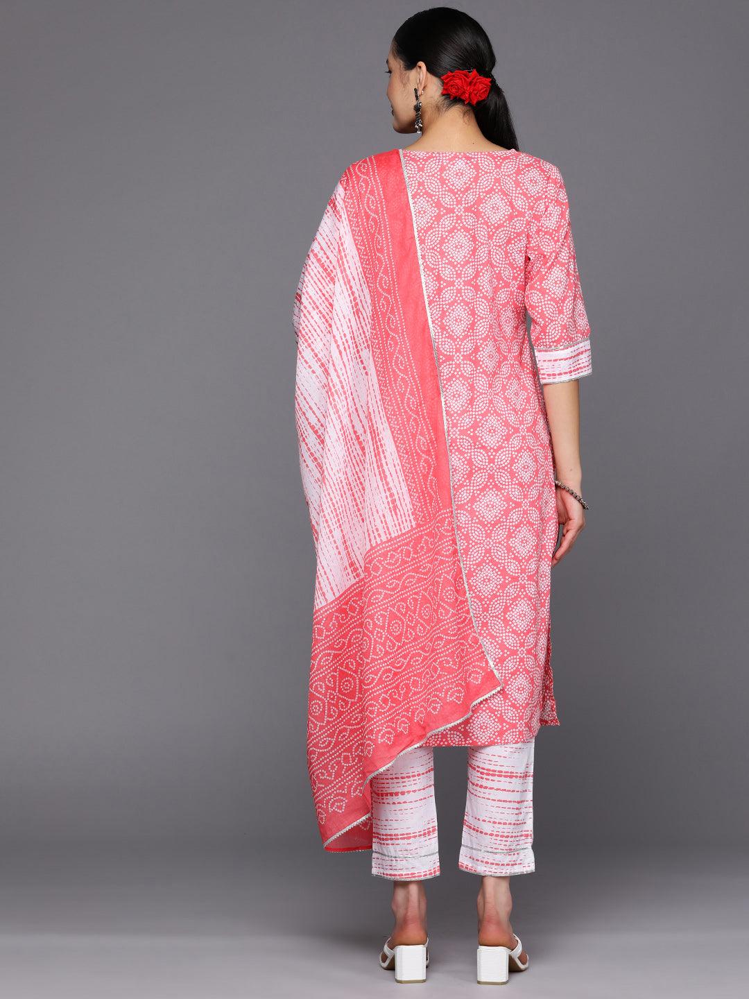 Peach Printed Cotton Straight Suit Set With Trousers - Libas 