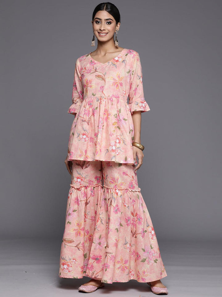 Peach Printed Cotton Tunic With Palazzos - Libas