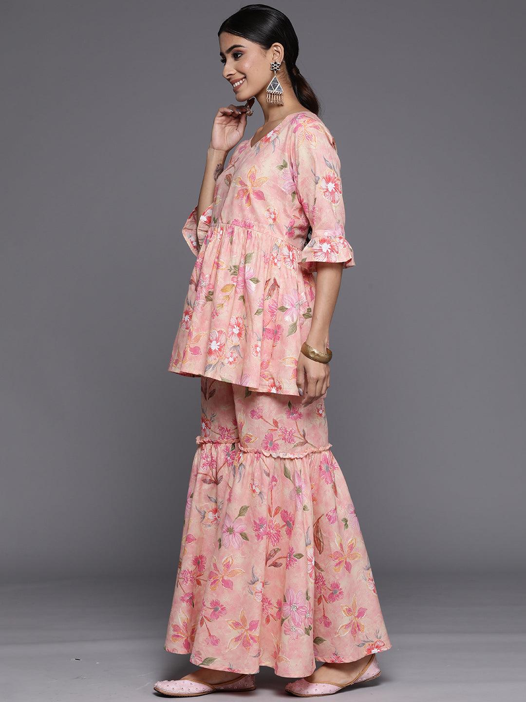 Peach Printed Cotton Tunic With Palazzos