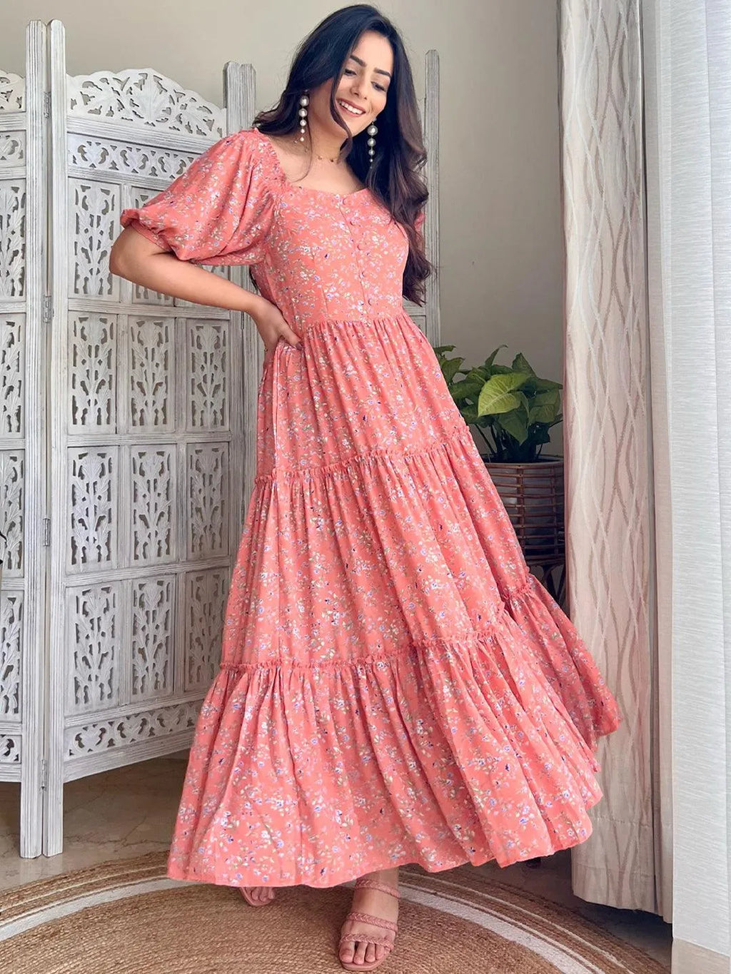 Buy Peach Printed Georgette Dress Online at Rs.1187