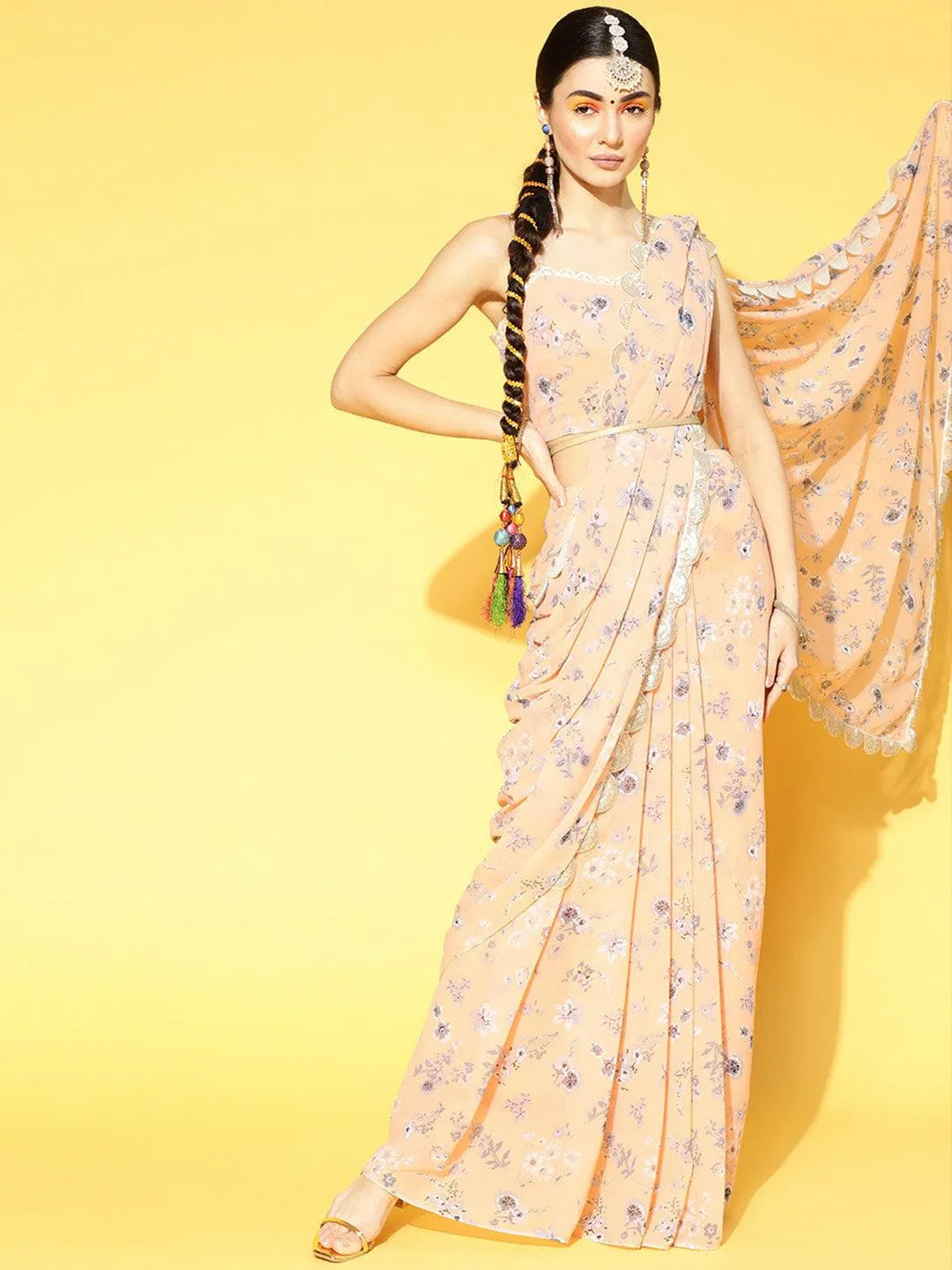 Peach Printed Georgette Saree - Libas 