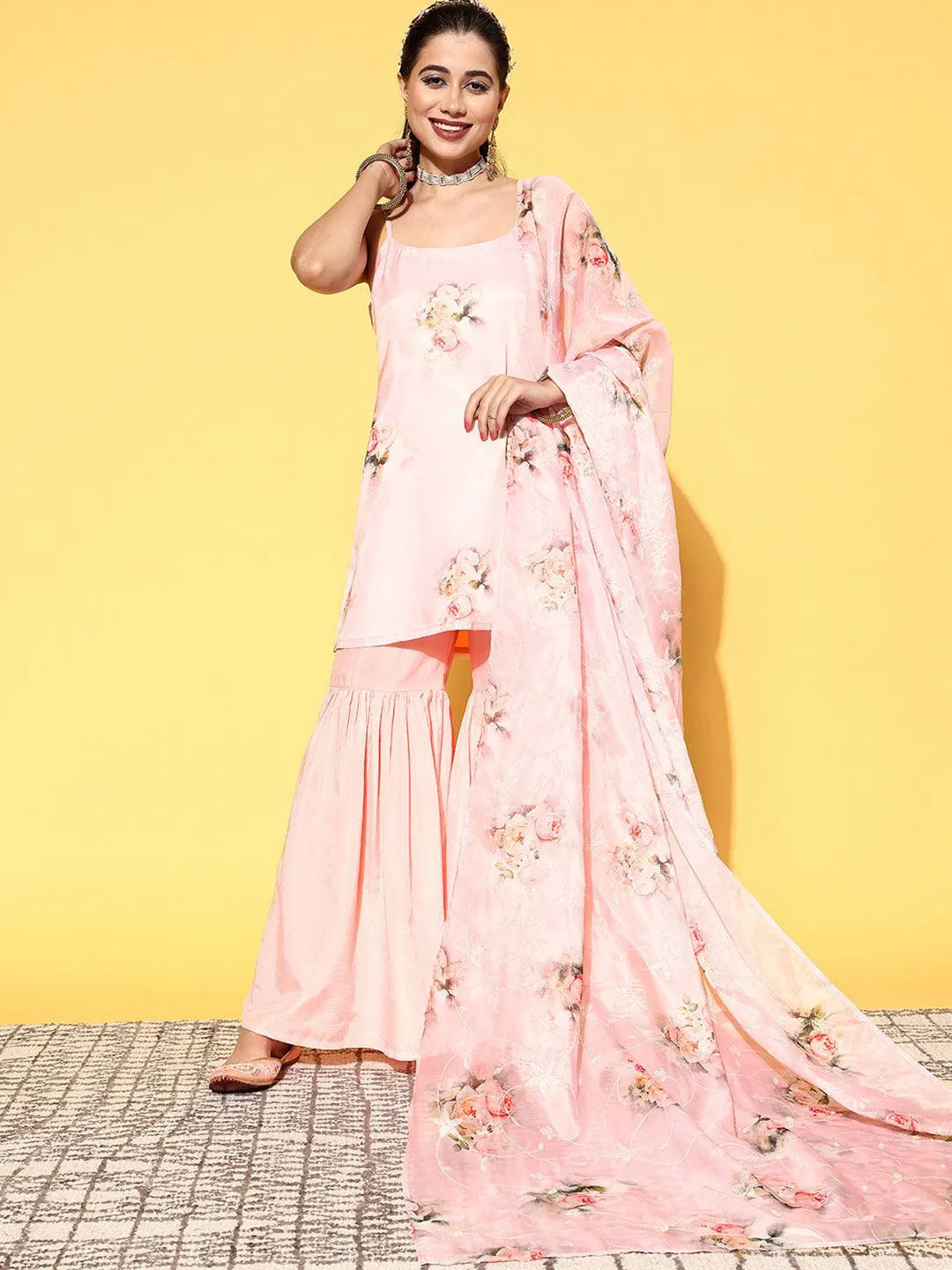 Peach Printed Organza Straight Suit Set - Libas 