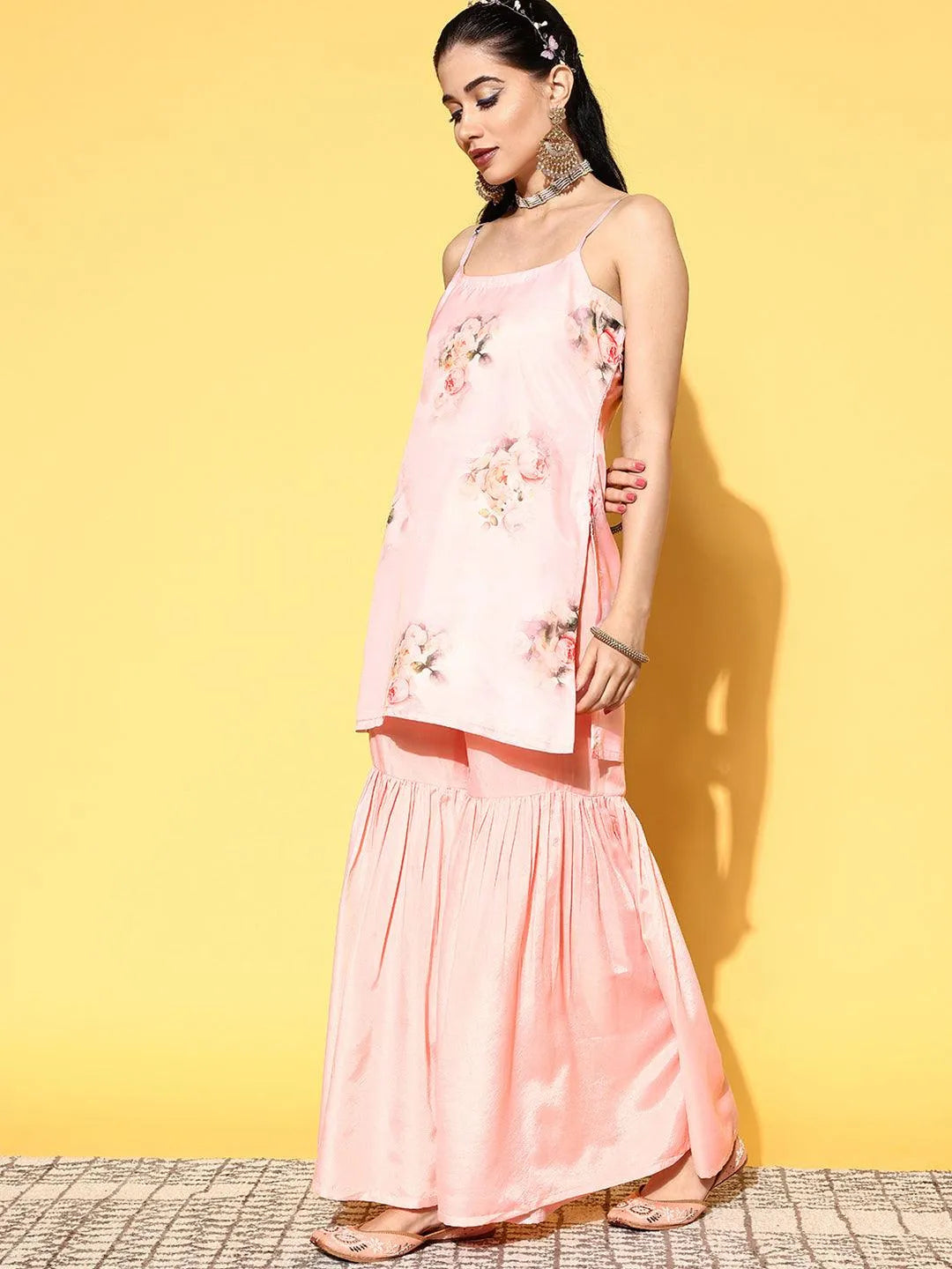 Peach Printed Organza Straight Suit Set - Libas 