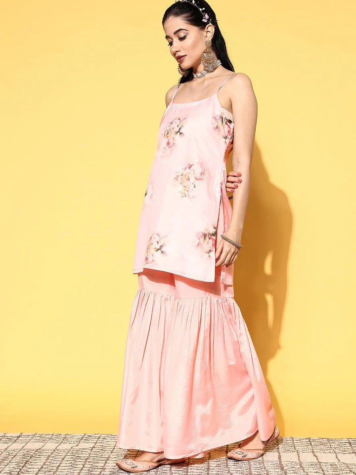 Peach Printed Organza Straight Suit Set - Libas