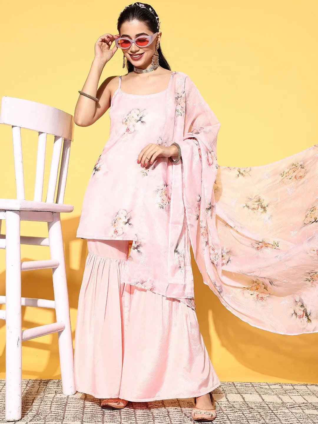 Peach Printed Organza Straight Suit Set - Libas 