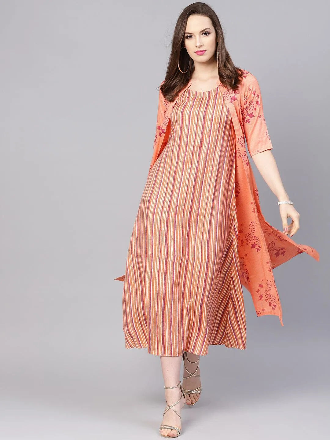 Peach Printed Rayon Dress With Jacket - Libas