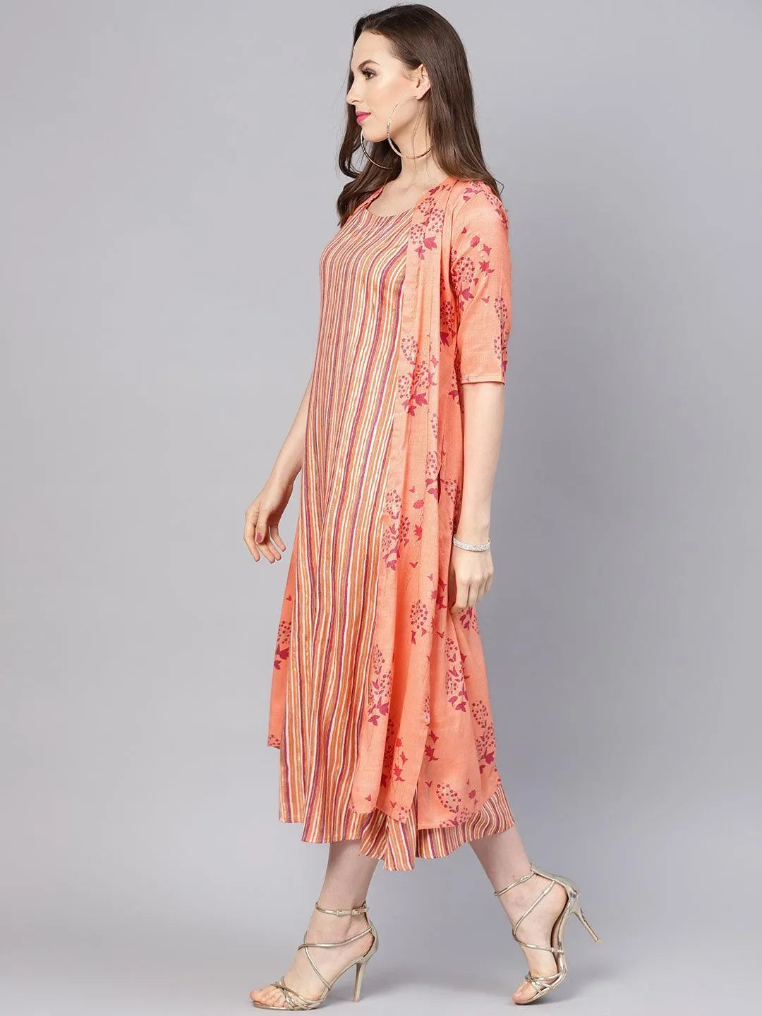 Peach Printed Rayon Dress With Jacket - Libas 