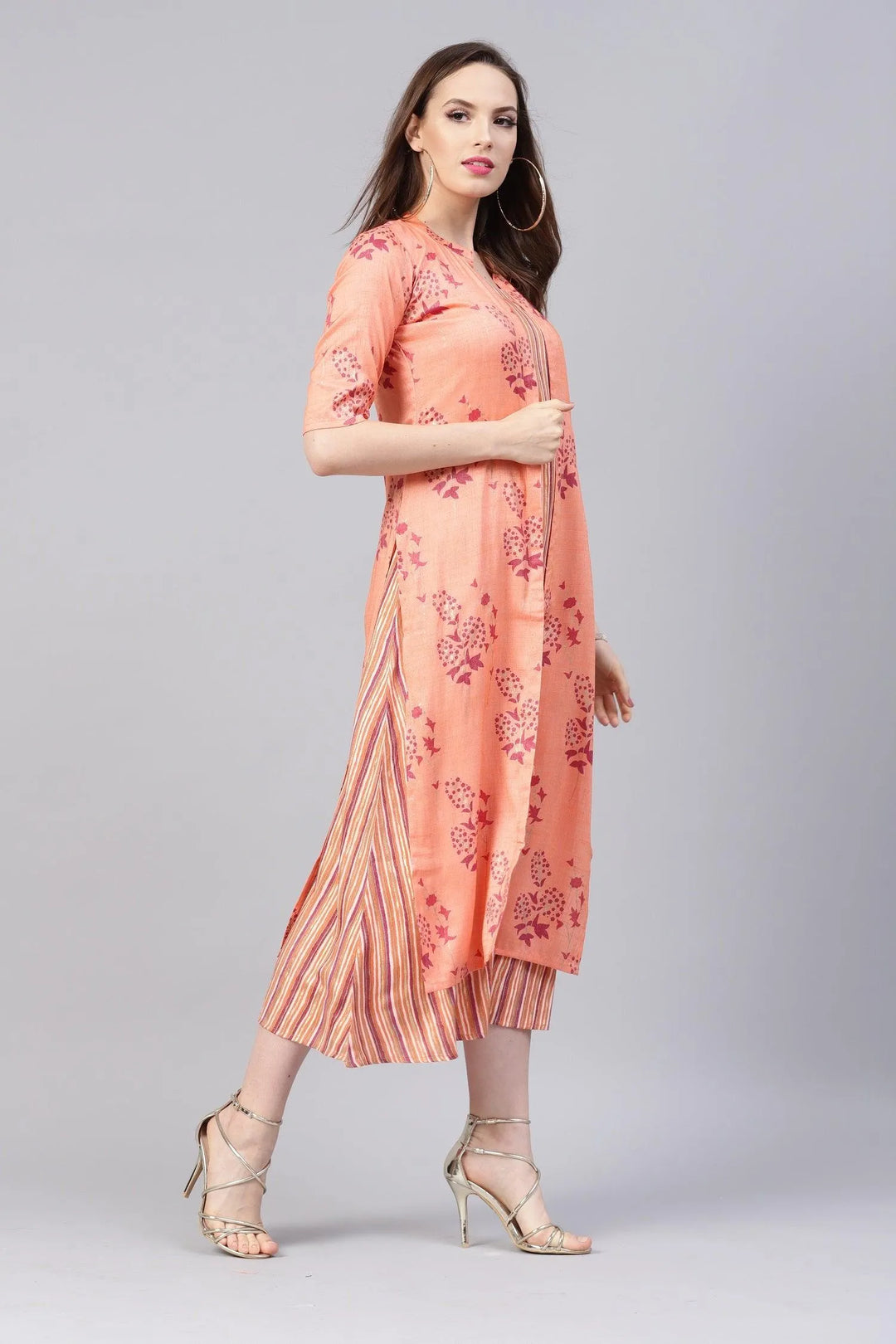 Peach Printed Rayon Dress With Jacket - Libas 