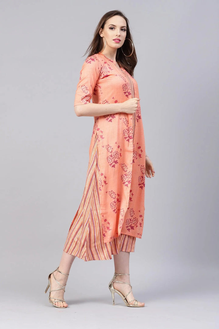 Peach Printed Rayon Dress With Jacket - Libas