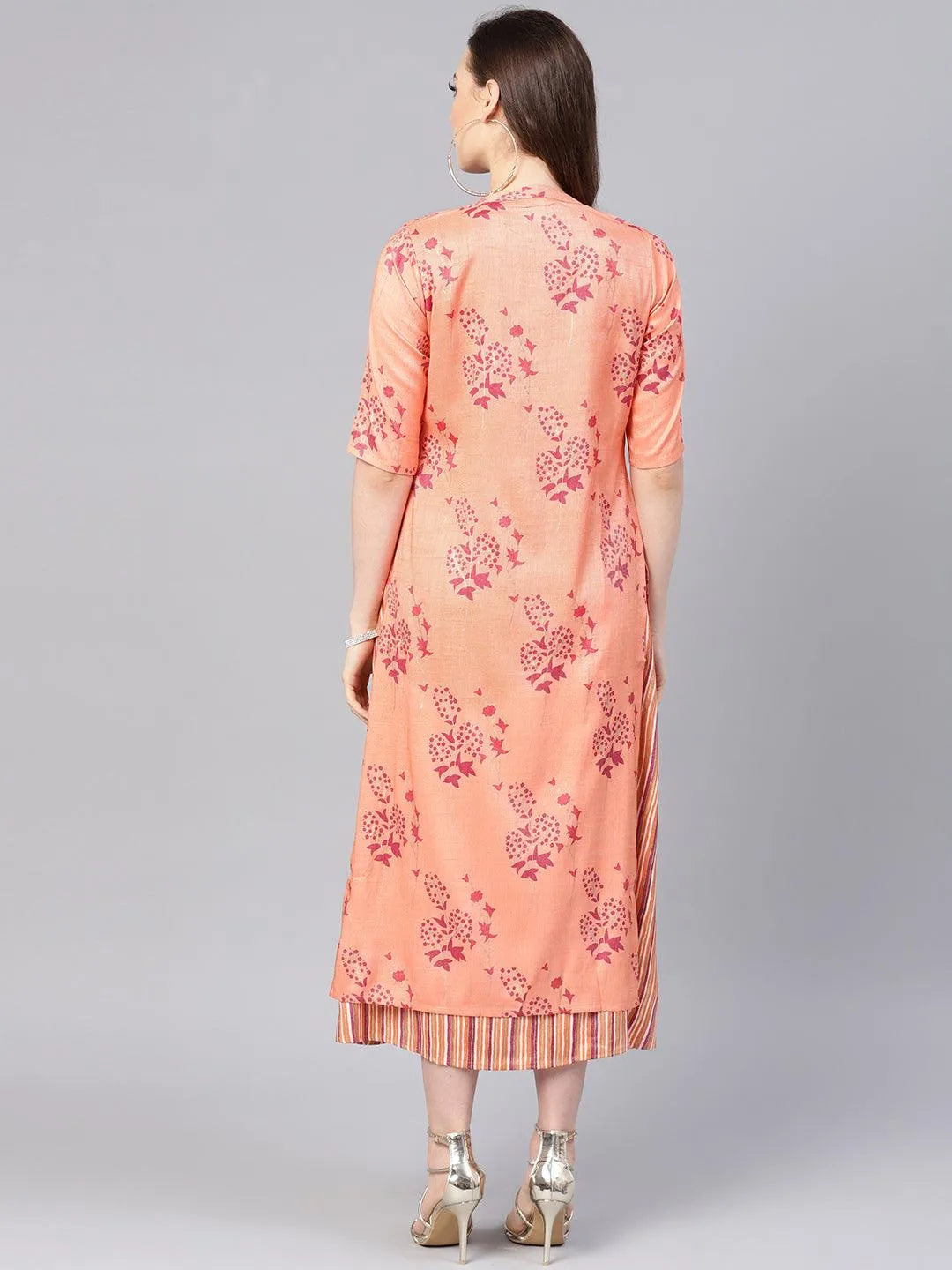 Peach Printed Rayon Dress With Jacket - Libas 