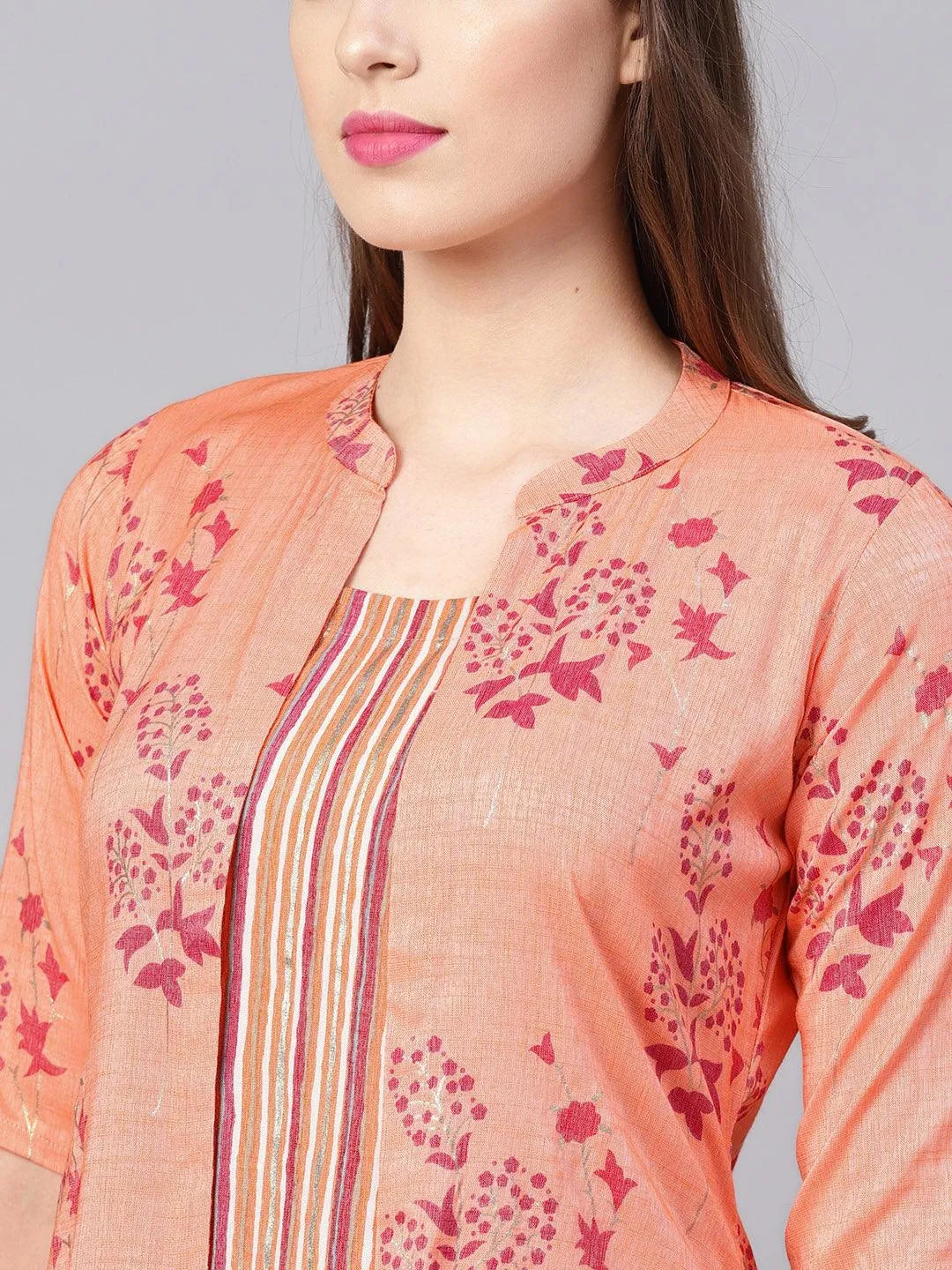 Peach Printed Rayon Dress With Jacket - Libas 