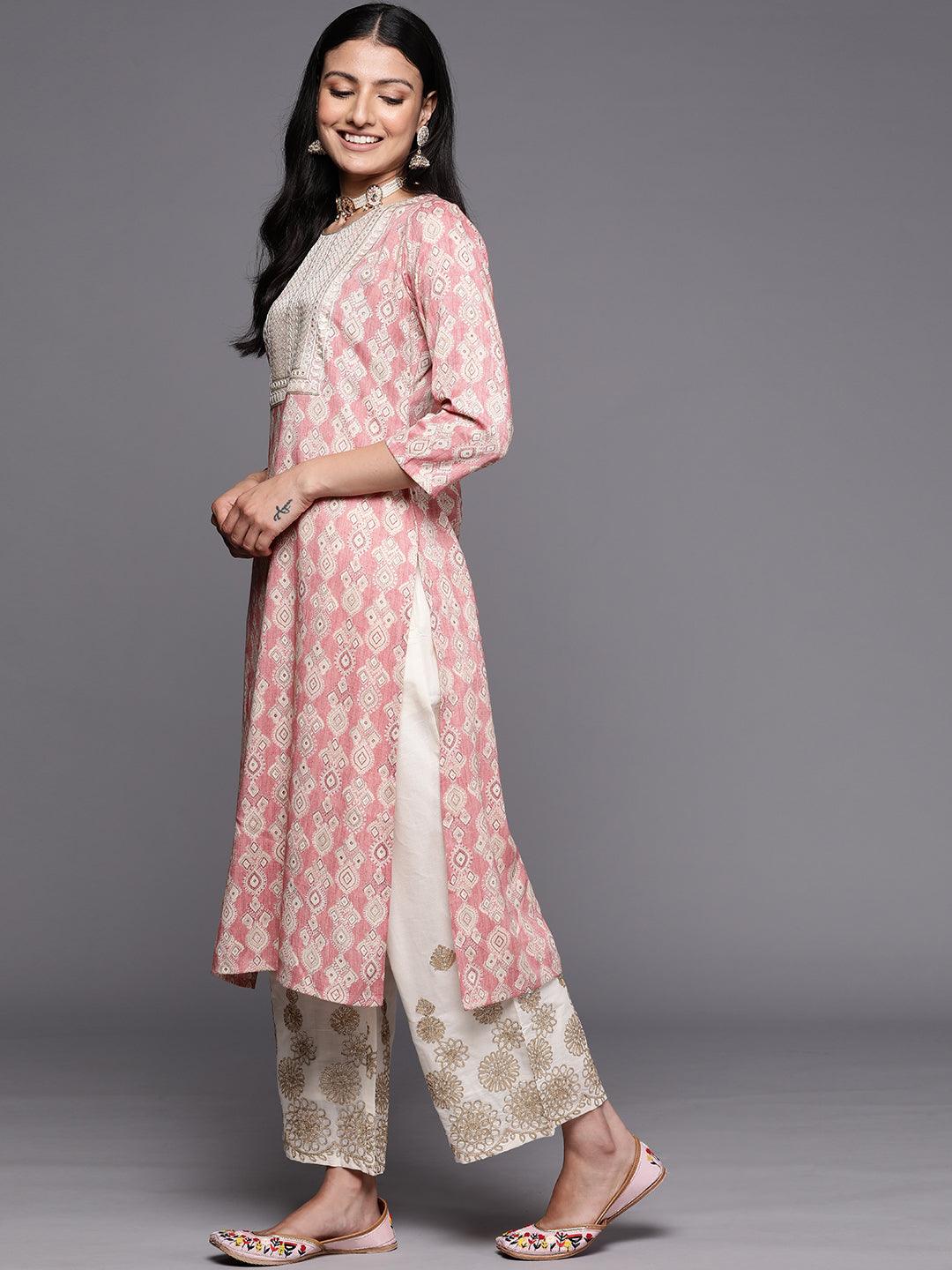 Peach Printed Rayon Straight Kurta - Libas