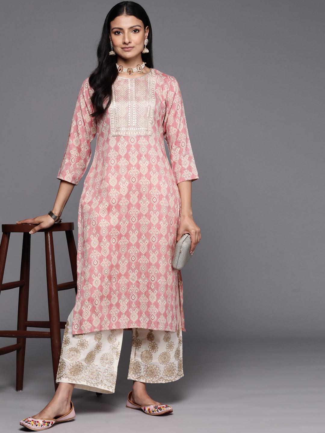 Peach Printed Rayon Straight Kurta - Libas