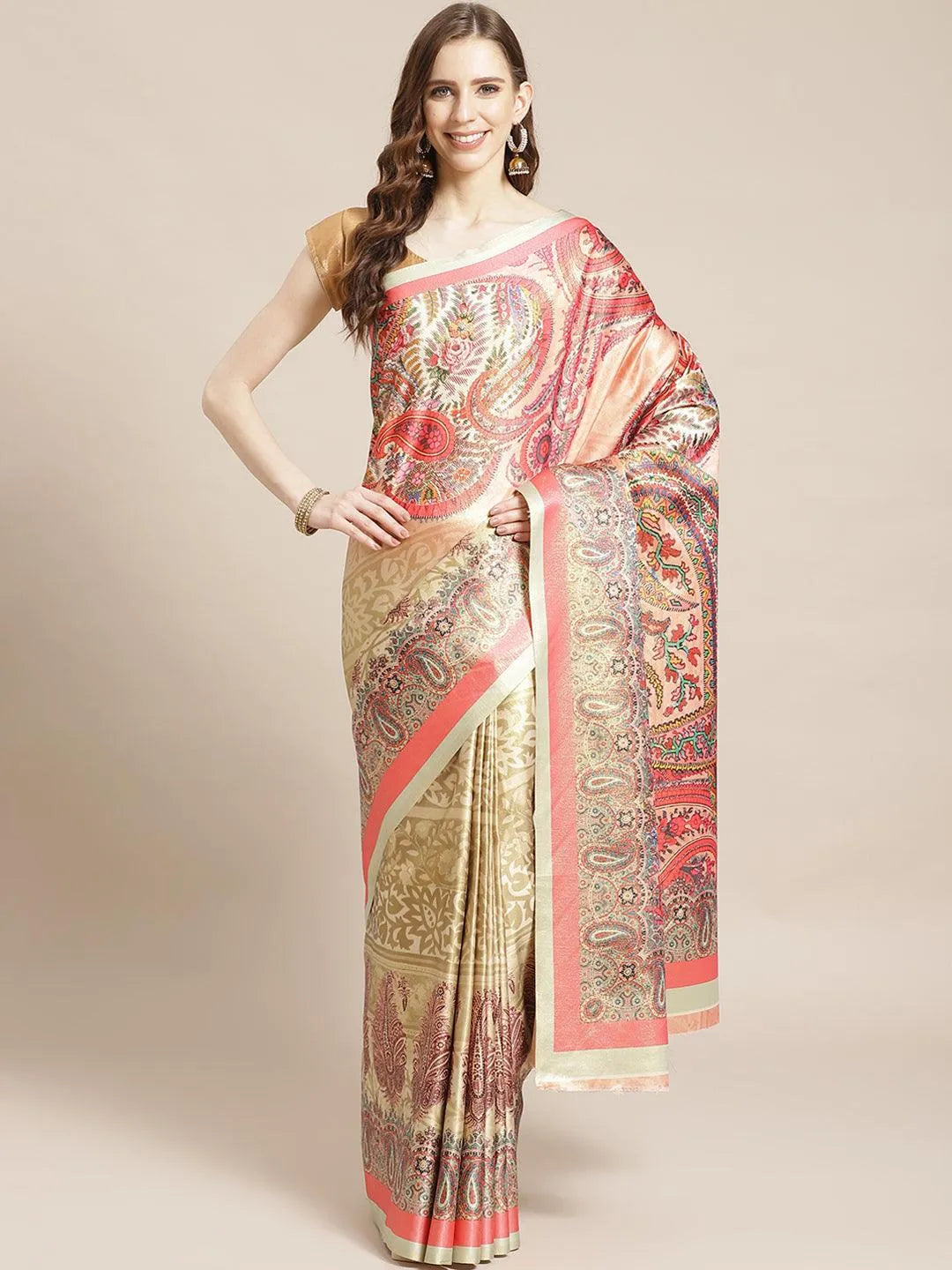 Peach Printed Satin Saree - Libas