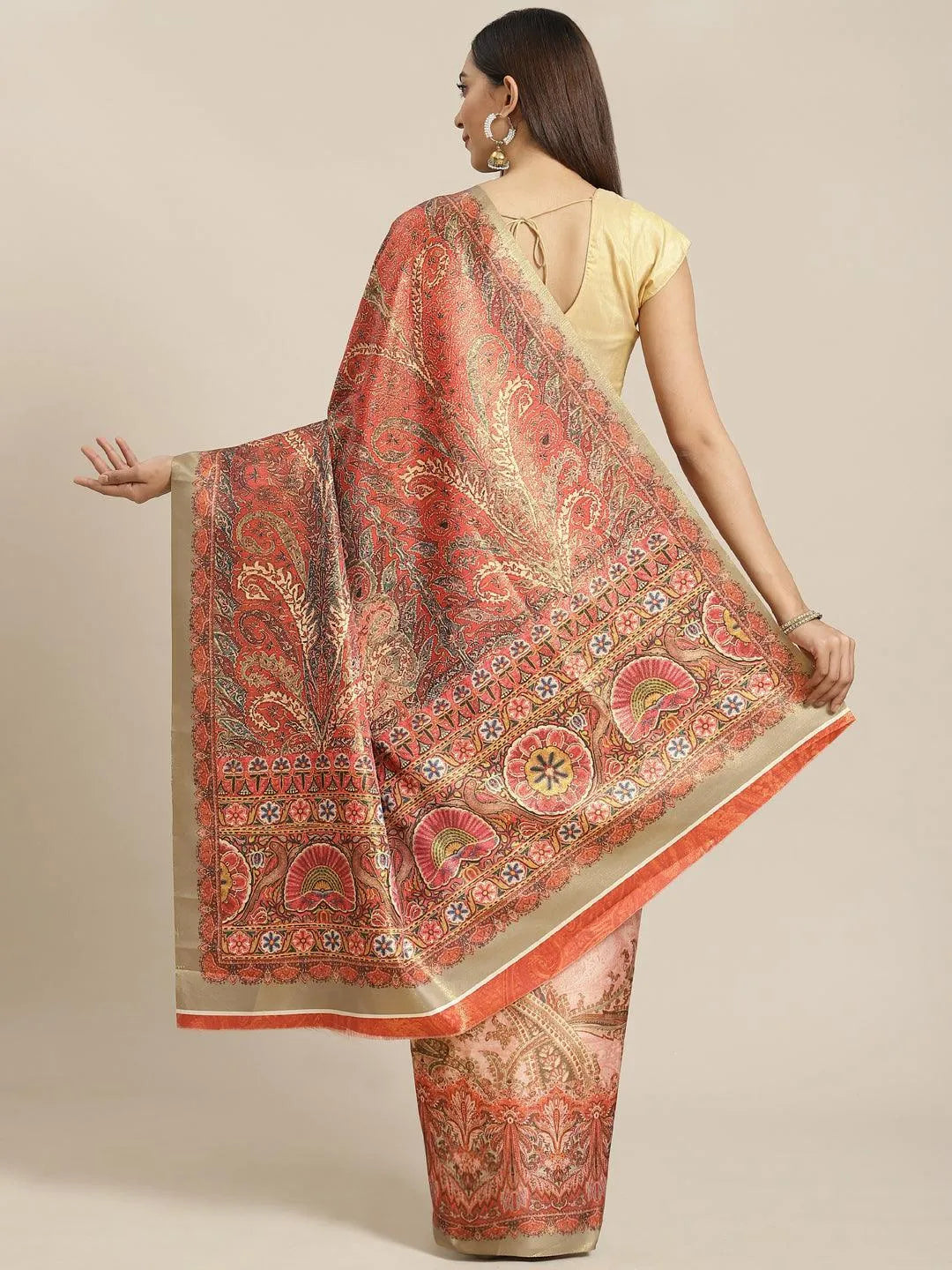 Peach Printed Satin Saree - Libas