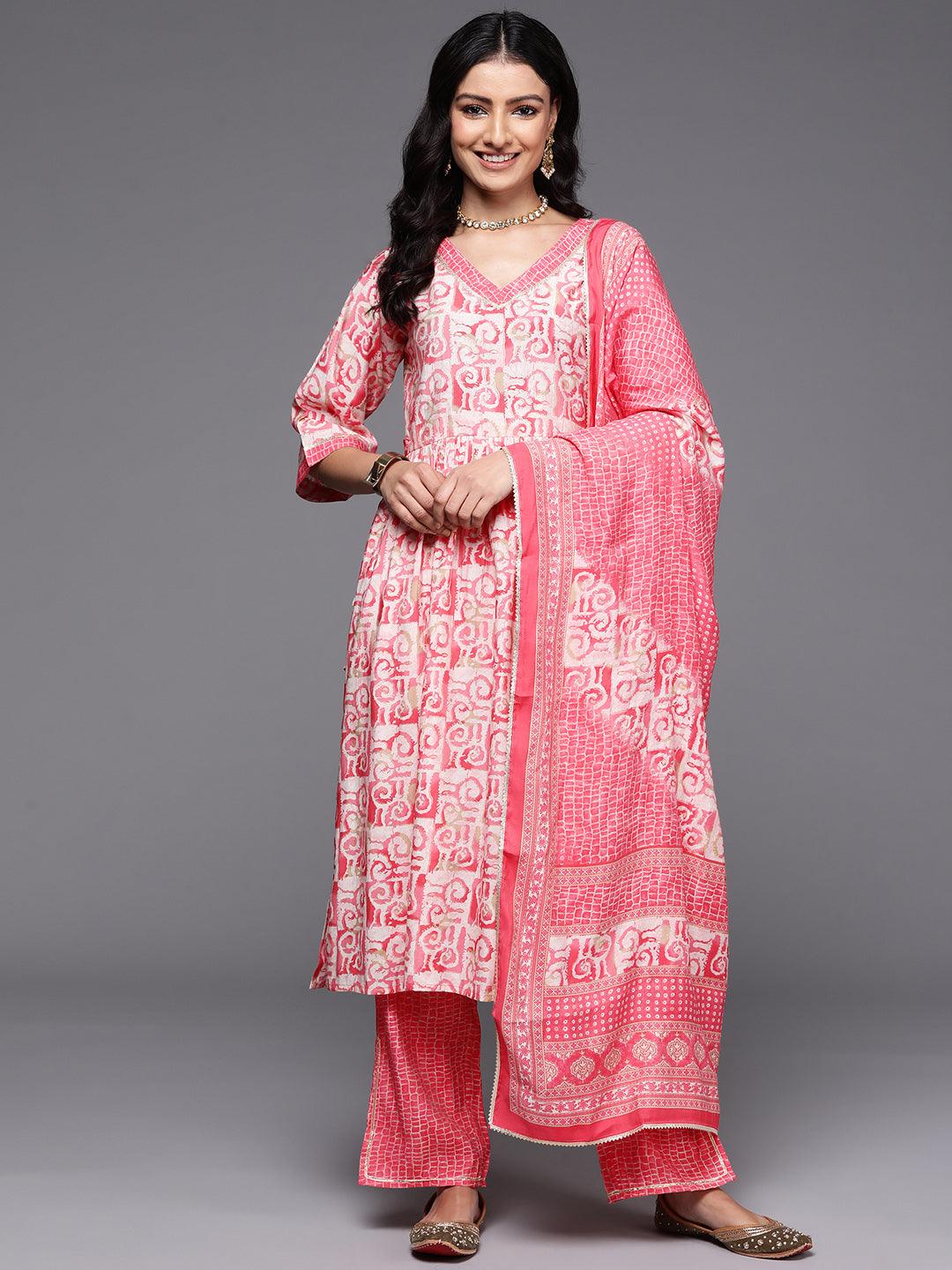 Peach Printed Silk Blend A-Line Kurta With Palazzos & Dupatta - Libas 